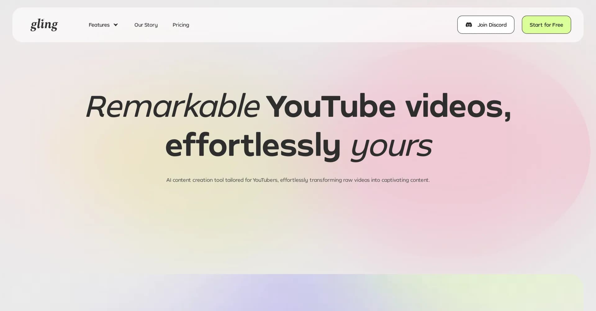 Gling - AI Video Editing Software for YouTube homepage screenshot — AI-powered video editing for YouTube creators.