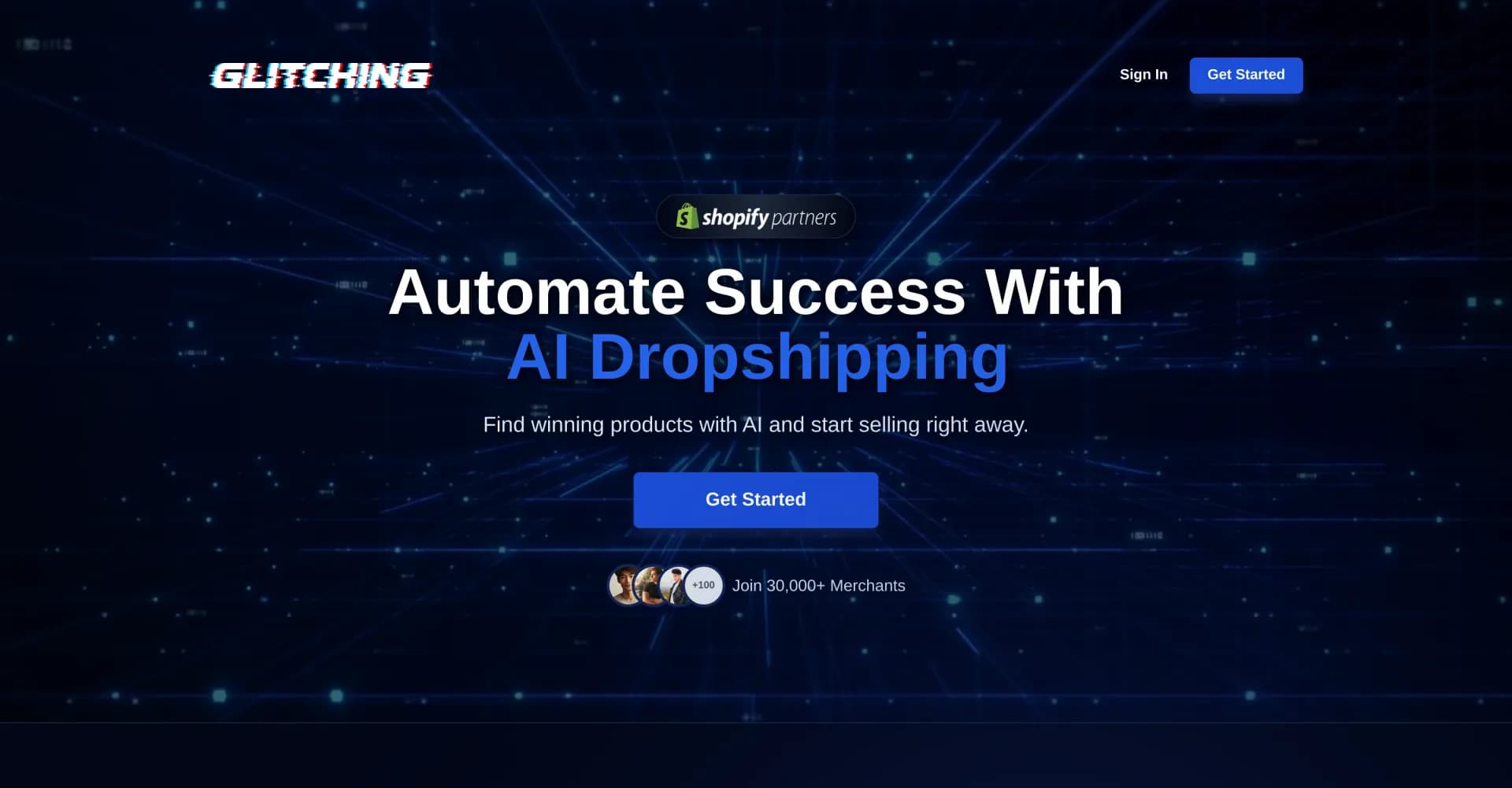 Glitching homepage screenshot — Find winning products with AI for Shopify dropshipping
