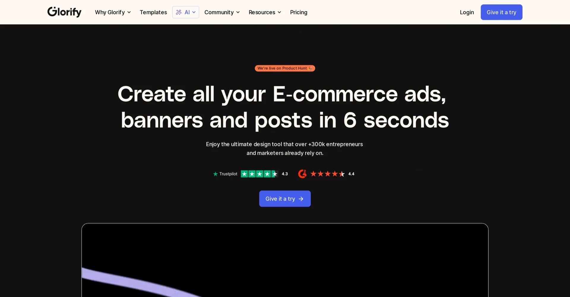 Glorify homepage screenshot — Create e-commerce visuals in seconds