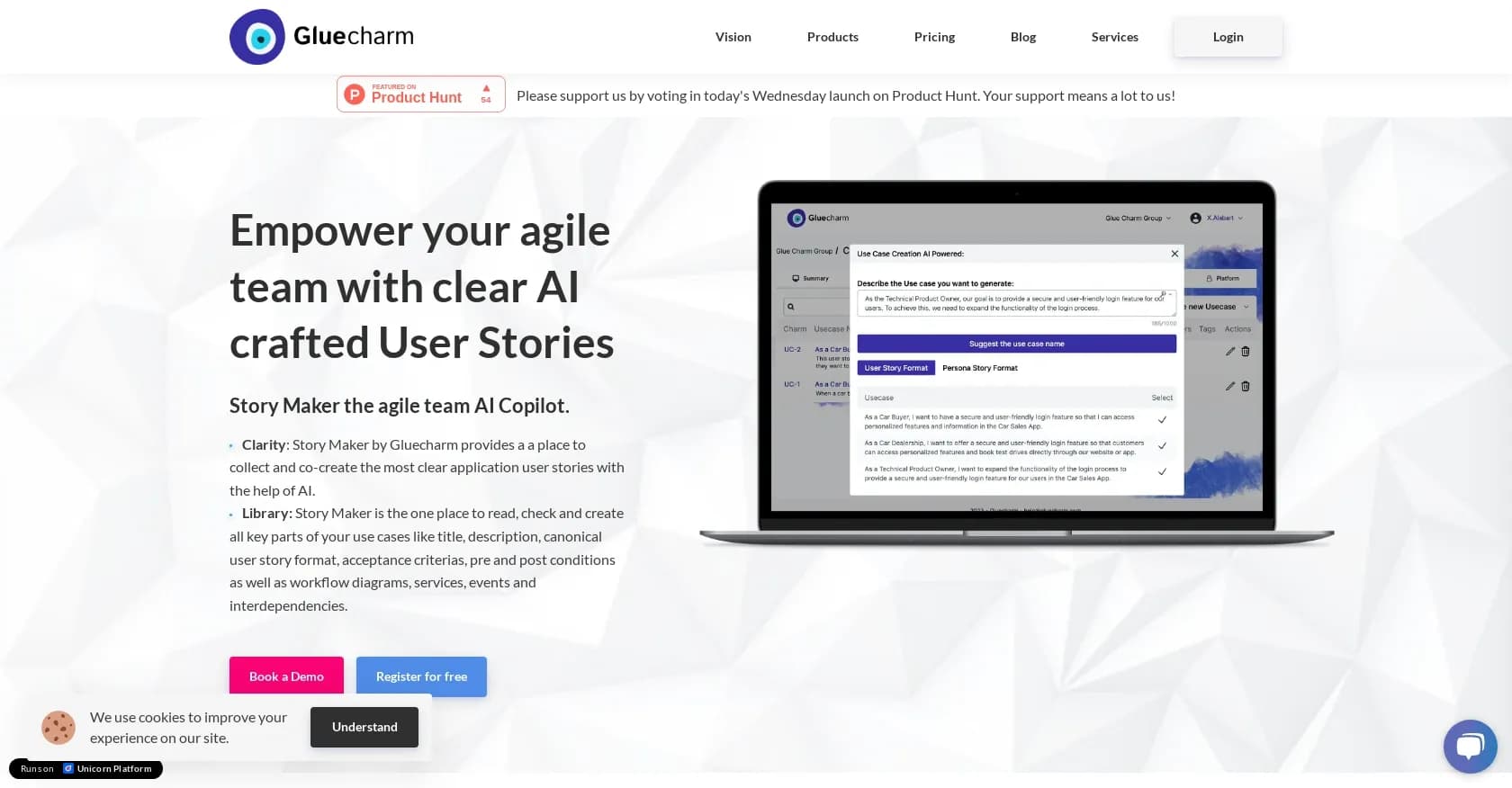 Gluecharm homepage screenshot — Agile teams collaborate on user story creation.