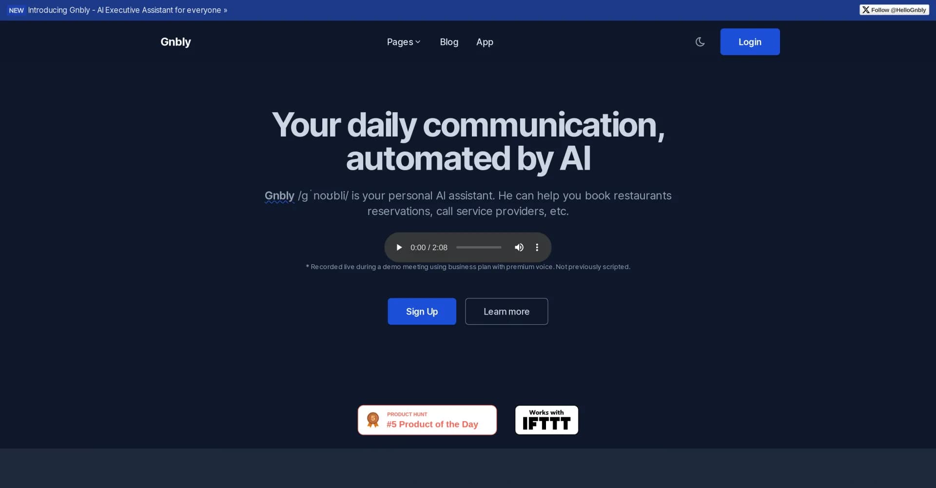 Gnbly homepage screenshot — Automate daily communication with AI