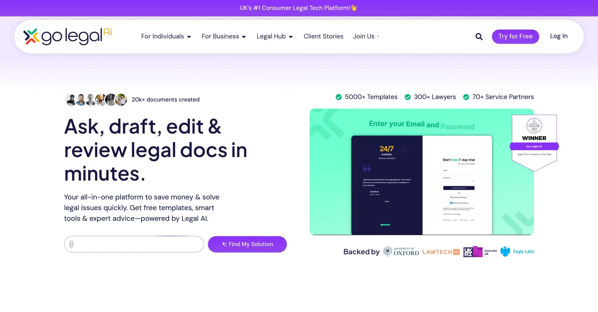 Go Legal AI homepage screenshot — AI-powered legal solutions for efficiency and accuracy