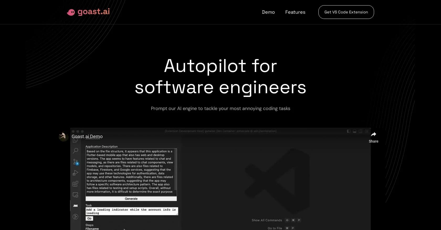 goastVS homepage screenshot — AI autopilot for software engineers.