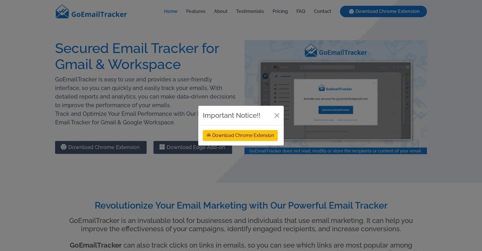 GoEmailTracker homepage screenshot — Secure, free email tracking for Gmail and Workspace
