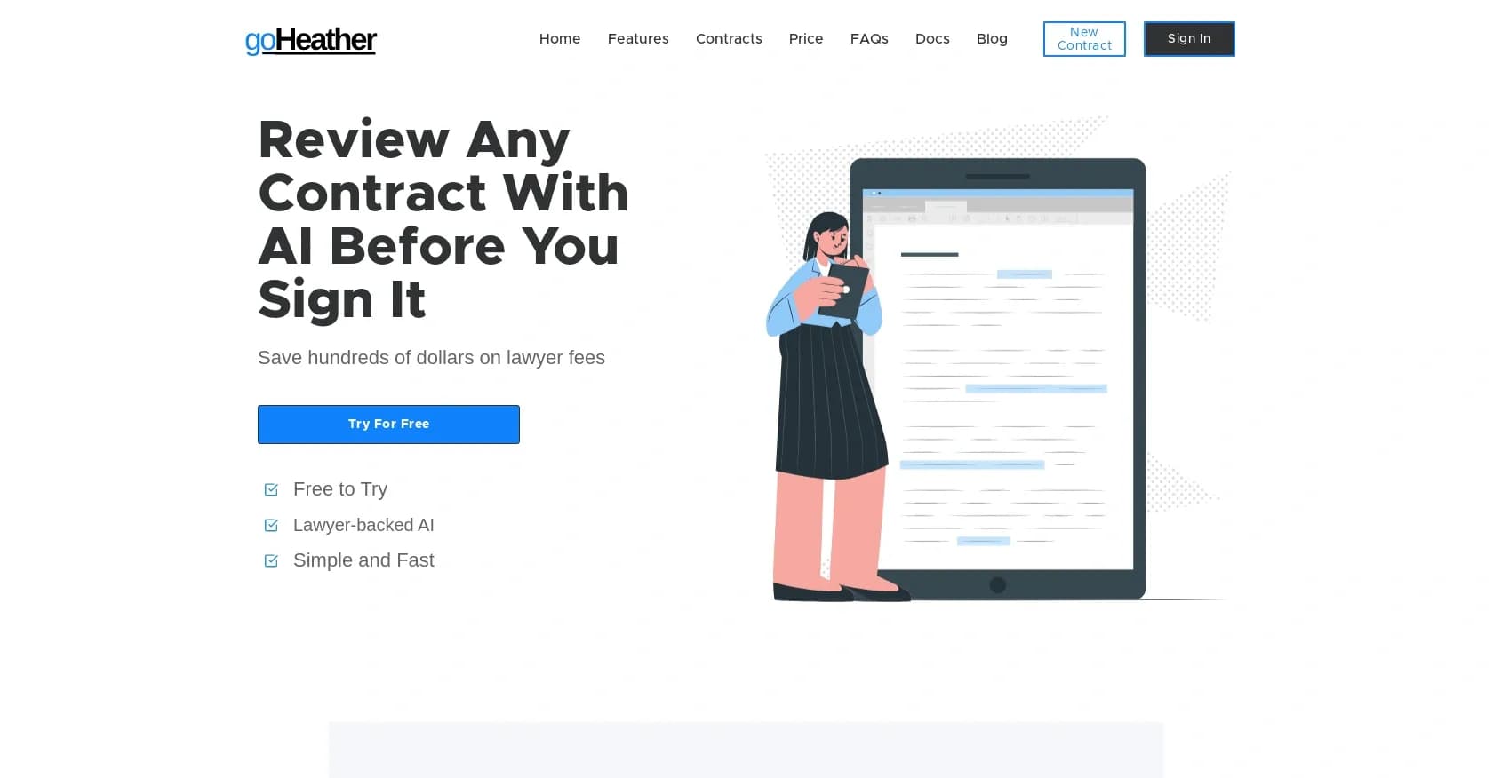 goHeather homepage screenshot — Faster reviews for better contracts and savings.