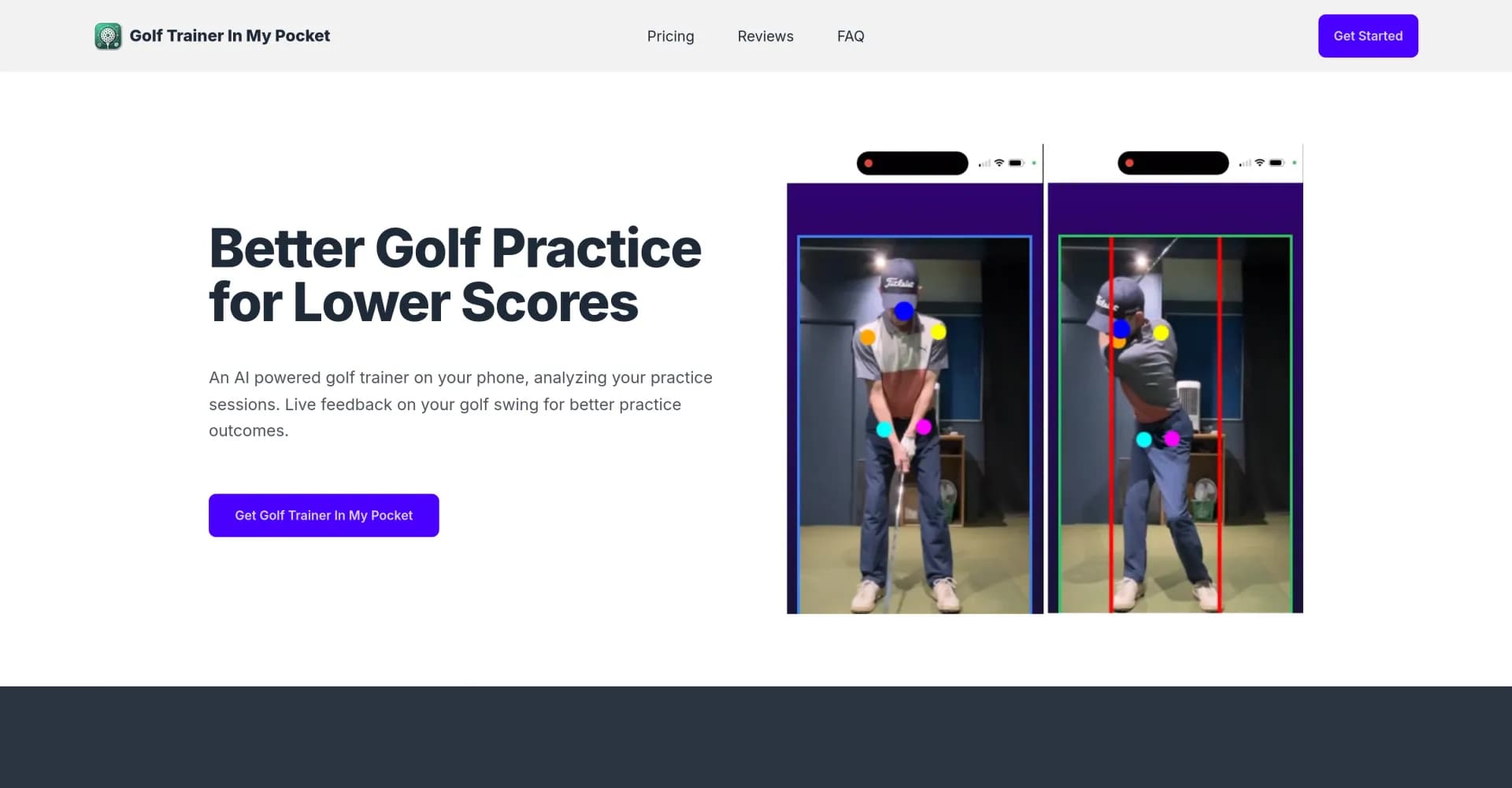 Golf Trainer In My Pocket homepage screenshot — Your personal AI golf trainer for better practice and lower 