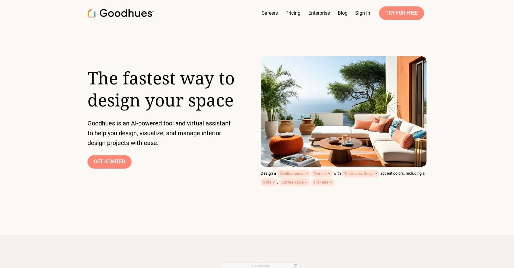 Goodhues homepage screenshot — AI-powered interior design made easy.