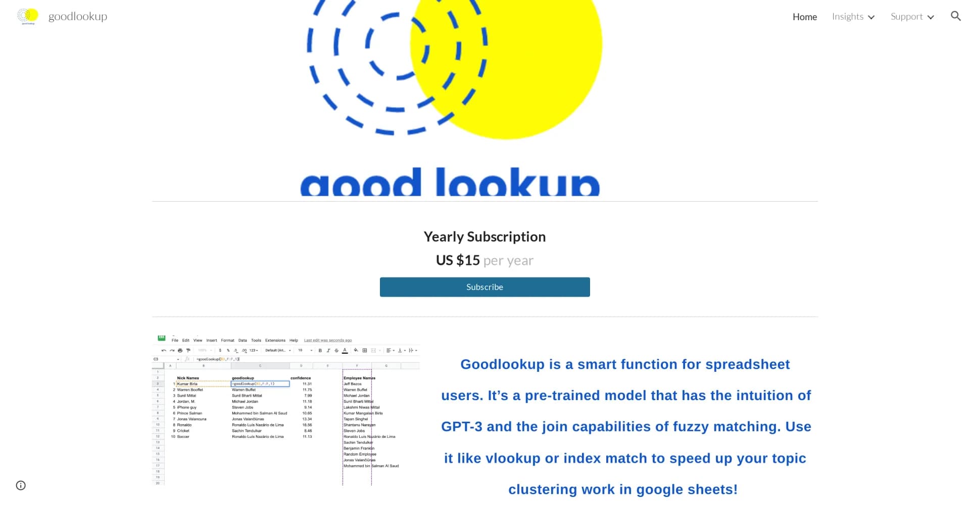 Goodlookup homepage screenshot — Smart, intuitive spreadsheet matching with AI precision.