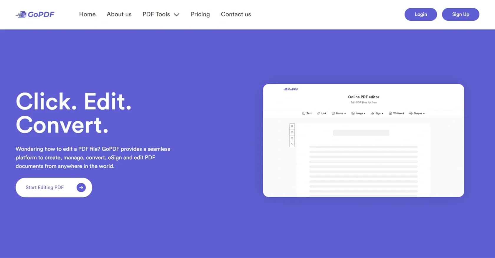 GoPDF homepage screenshot — Chat with PDFs: Ask questions, get answers instantly.