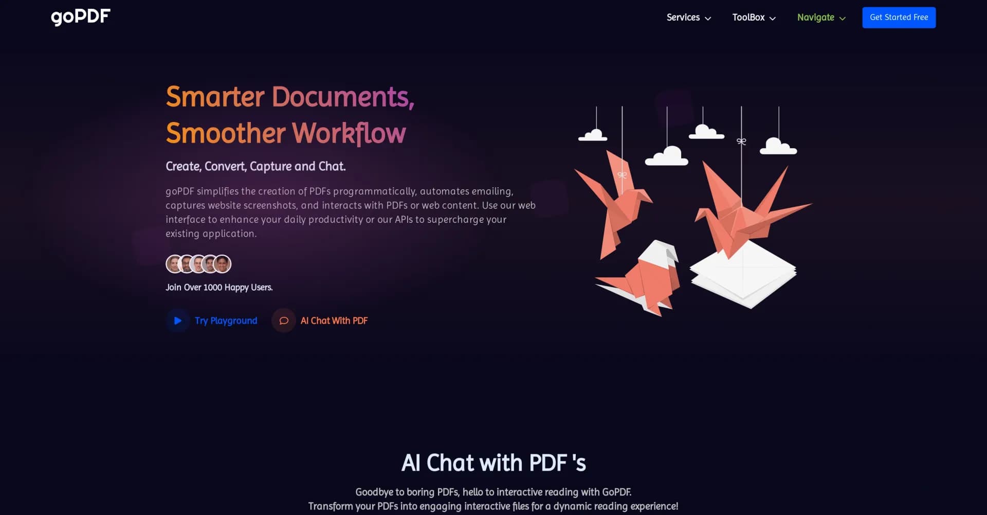 goPDF Pro homepage screenshot — AI-powered tools for smarter documents and smoother workflow