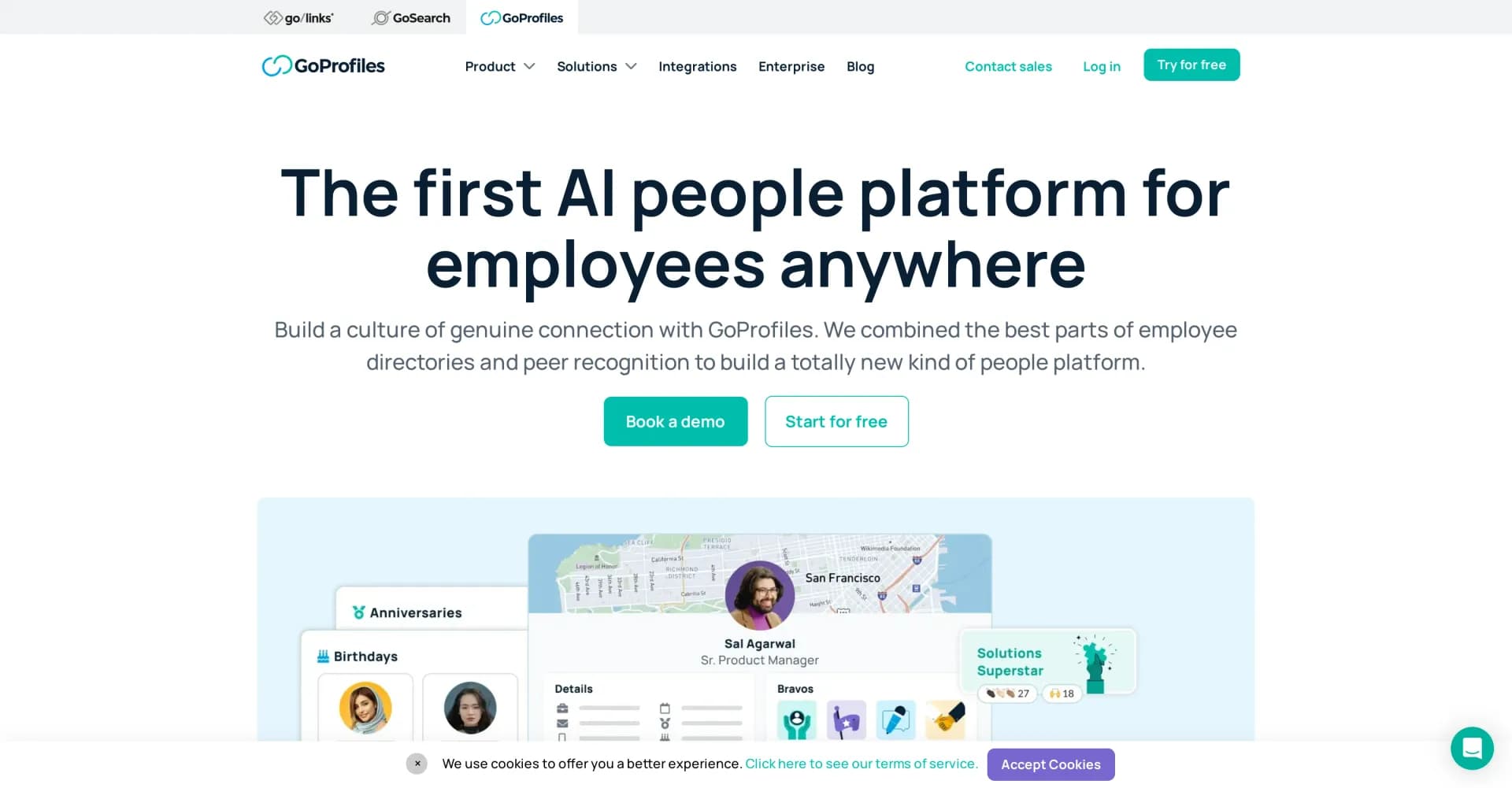 GoProfiles homepage screenshot — AI-powered employee directory for genuine connection.