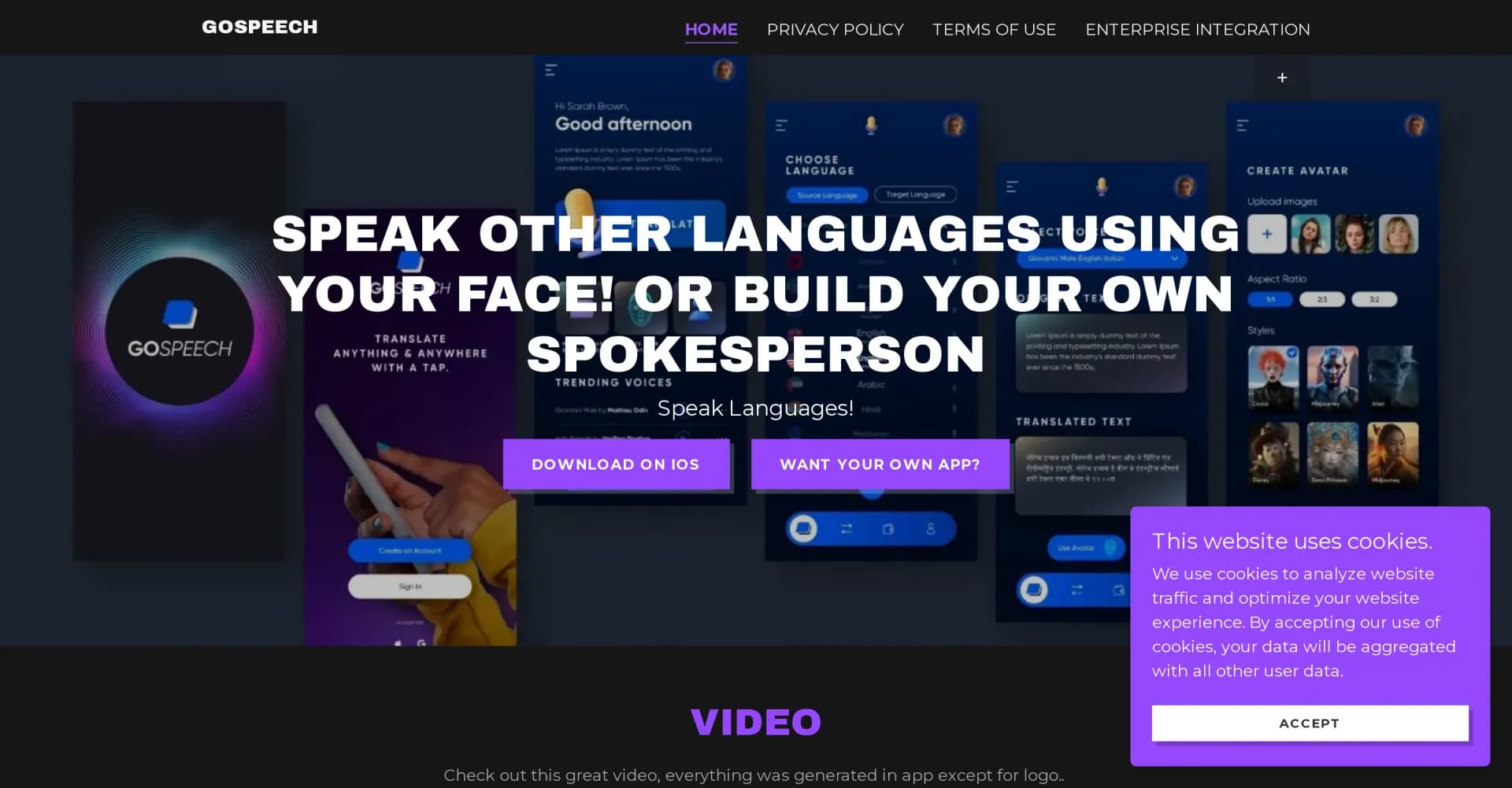 GoSpeech homepage screenshot — Speak any language with your own face.