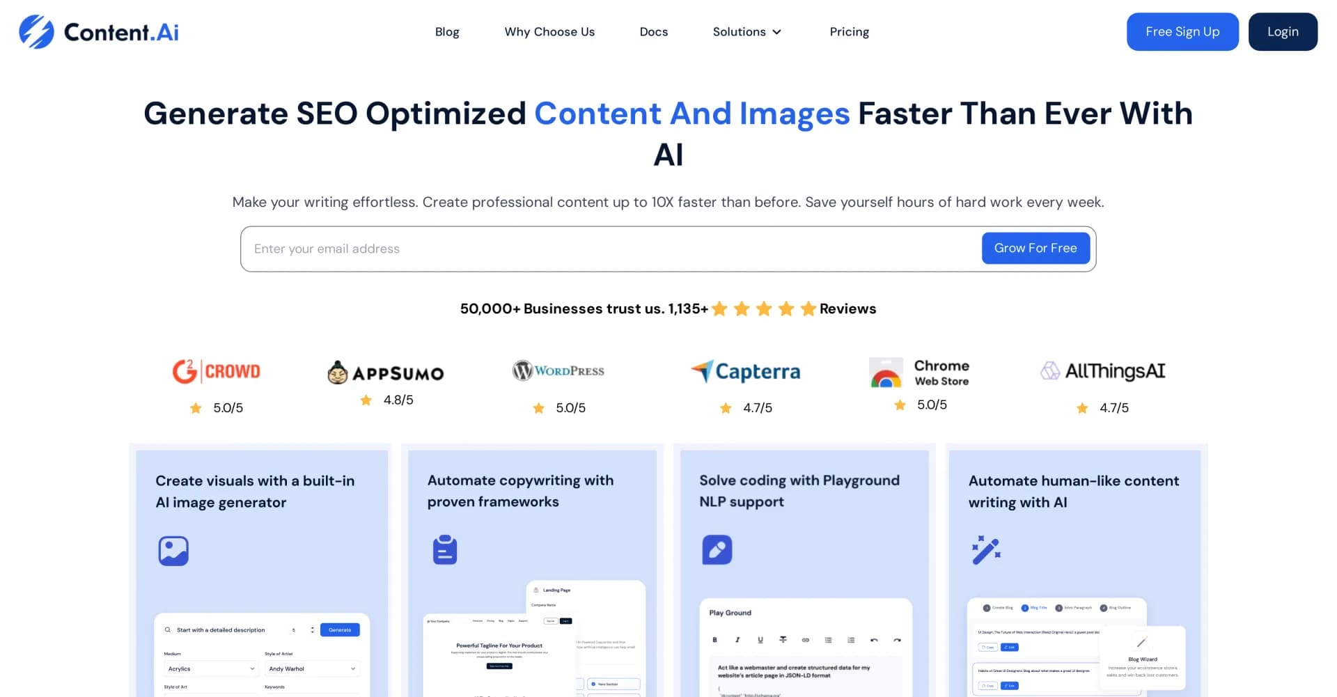 GoZen homepage screenshot — Generate SEO-optimized content and images faster with AI.