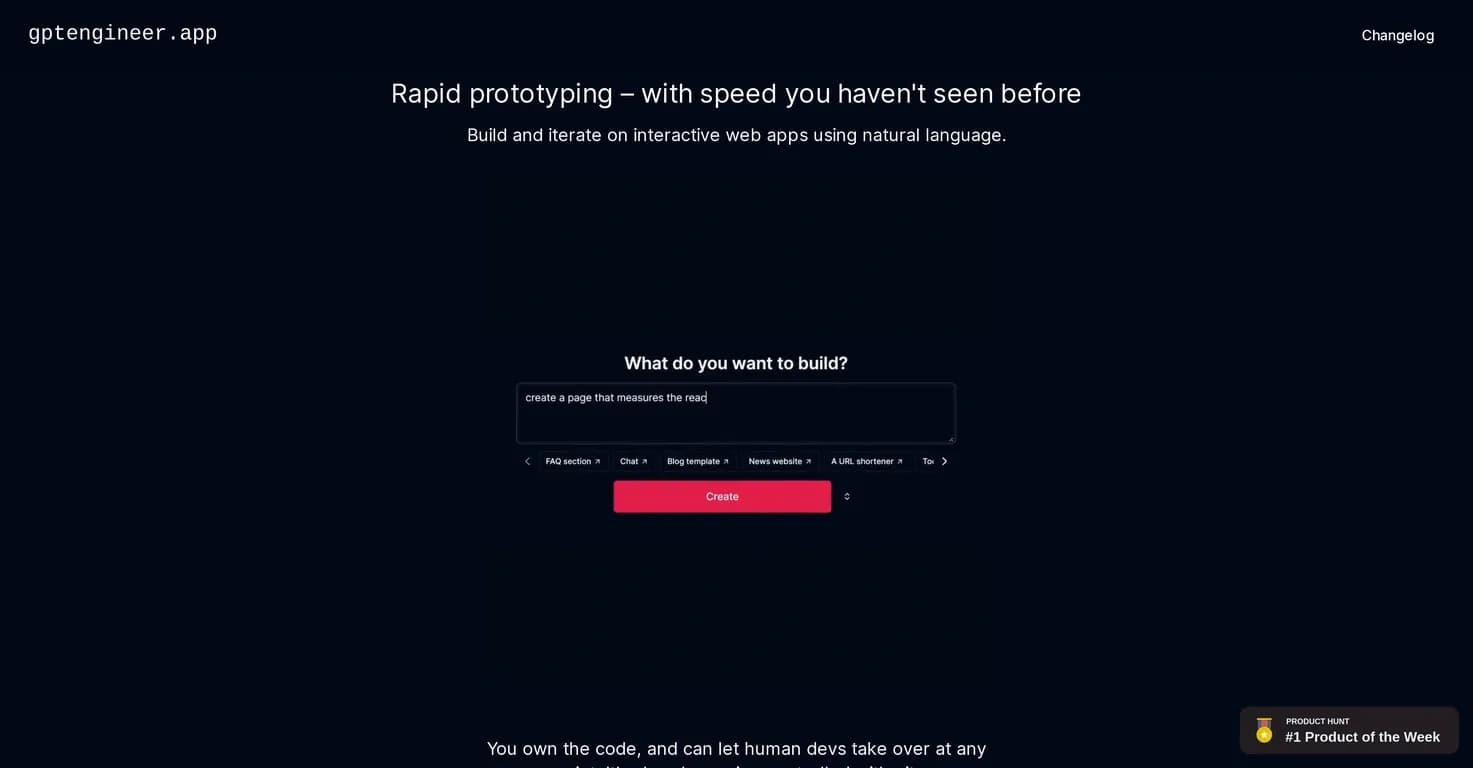 GPT Engineer homepage screenshot — Build interactive web apps in minutes using AI