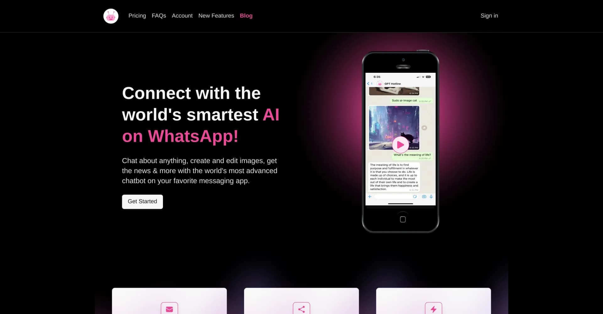 GPT Hotline homepage screenshot — Connect with AI on WhatsApp