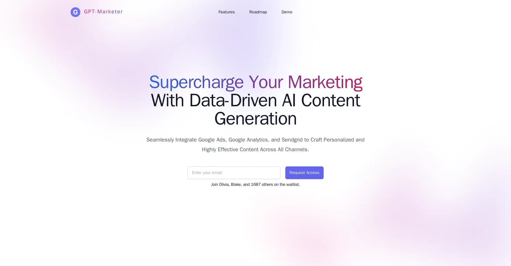 GPT-Marketer homepage screenshot — Supercharge marketing with AI-driven content generation