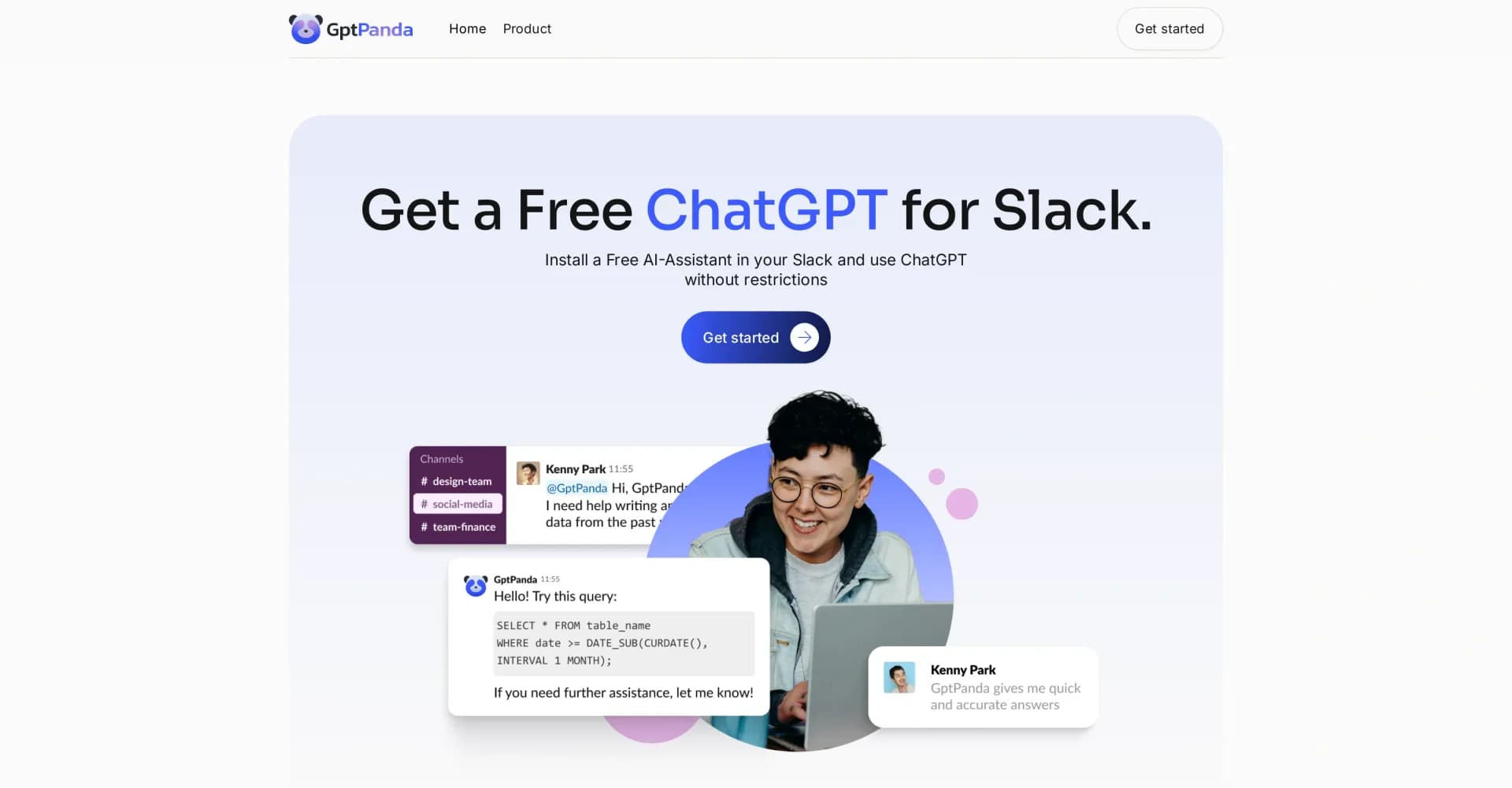 GPT Panda homepage screenshot — Free ChatGPT assistant for Slack