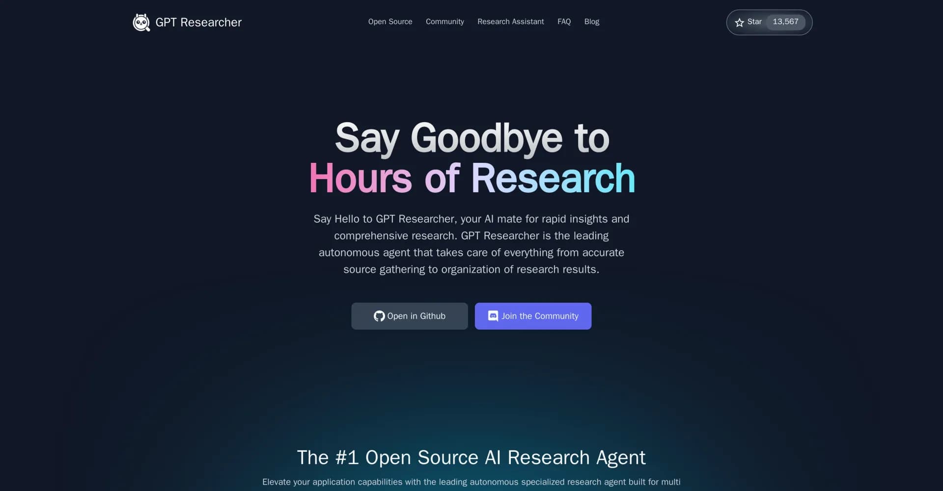 GPT Researcher homepage screenshot — AI researcher for rapid insights and comprehensive research.