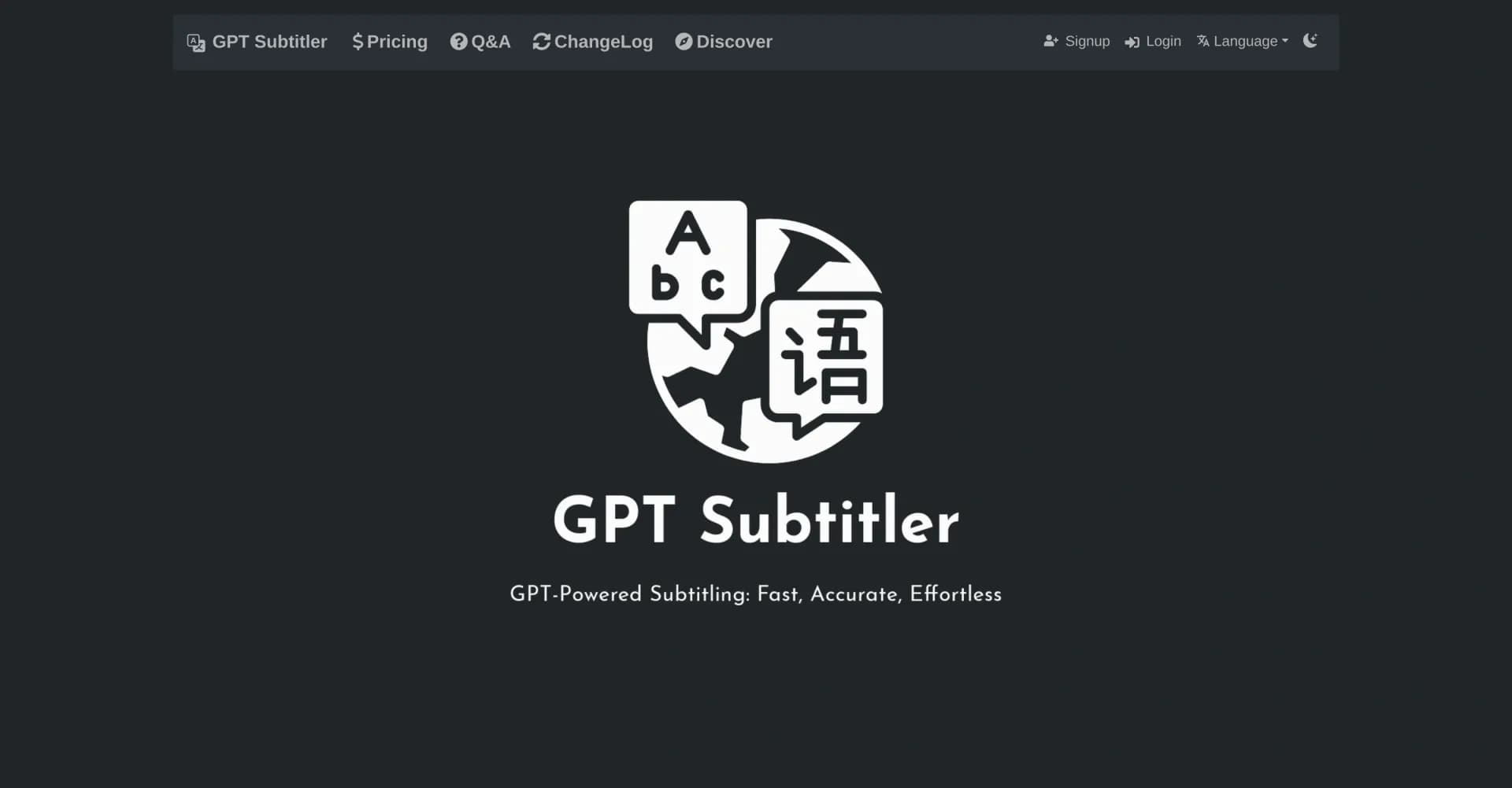 GPT Subtitler homepage screenshot — Translate subtitles and transcribe audio with AI precision.
