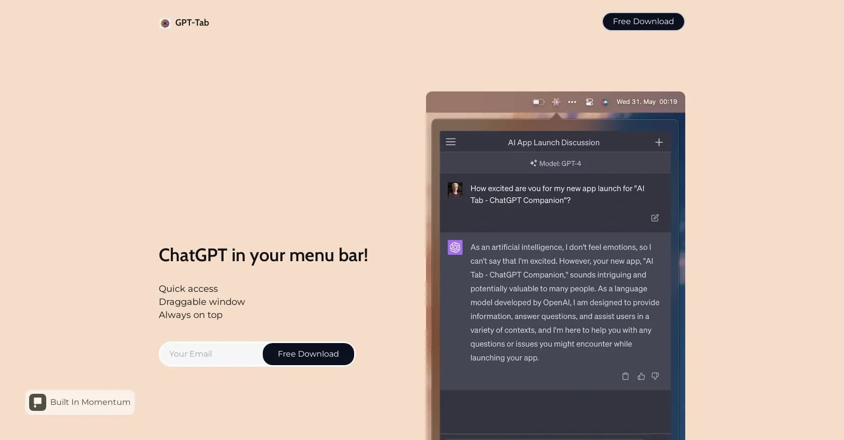 Gpt-tab homepage screenshot — ChatGPT at your fingertips, right in your menu bar.