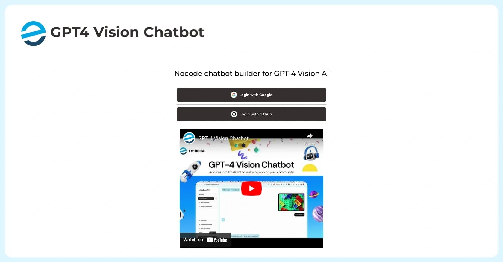 GPT4 Vision Chatbot homepage screenshot — Build GPT-4 Vision AI chatbots without code.