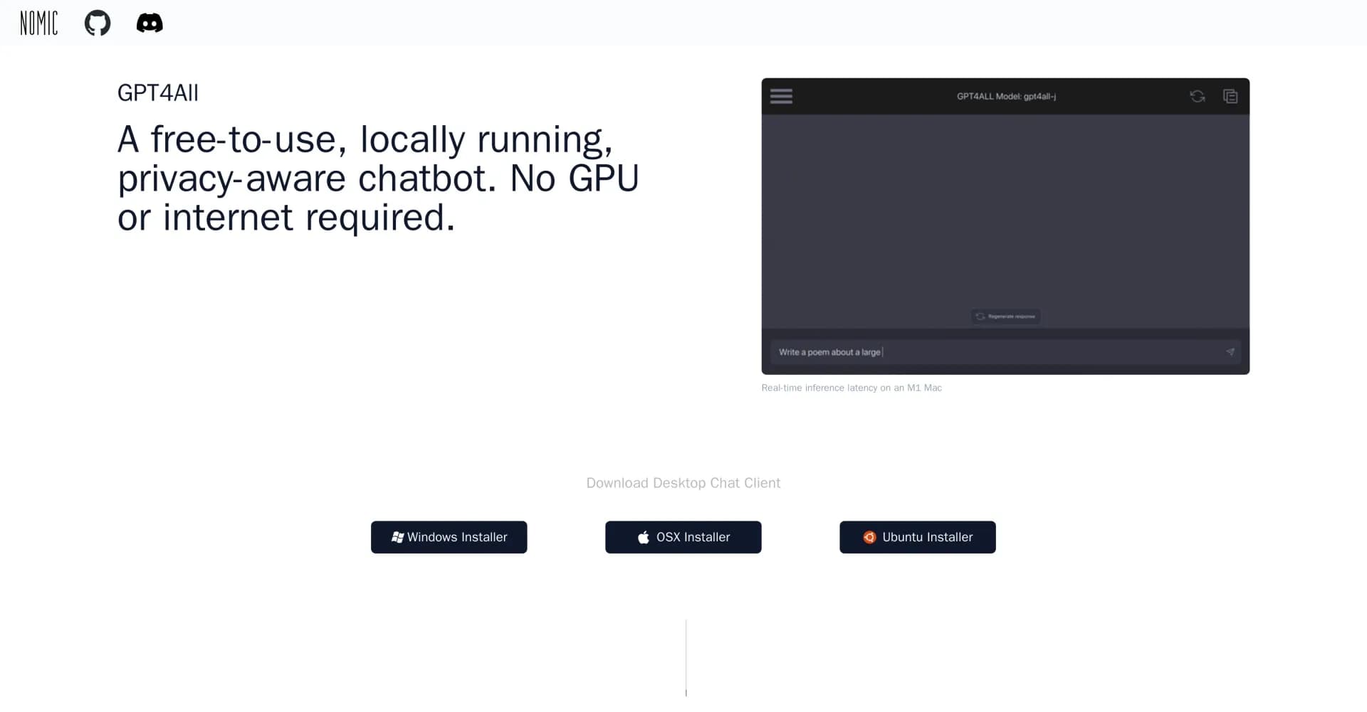 GPT4All homepage screenshot — Free, local, privacy-aware chatbots without internet.