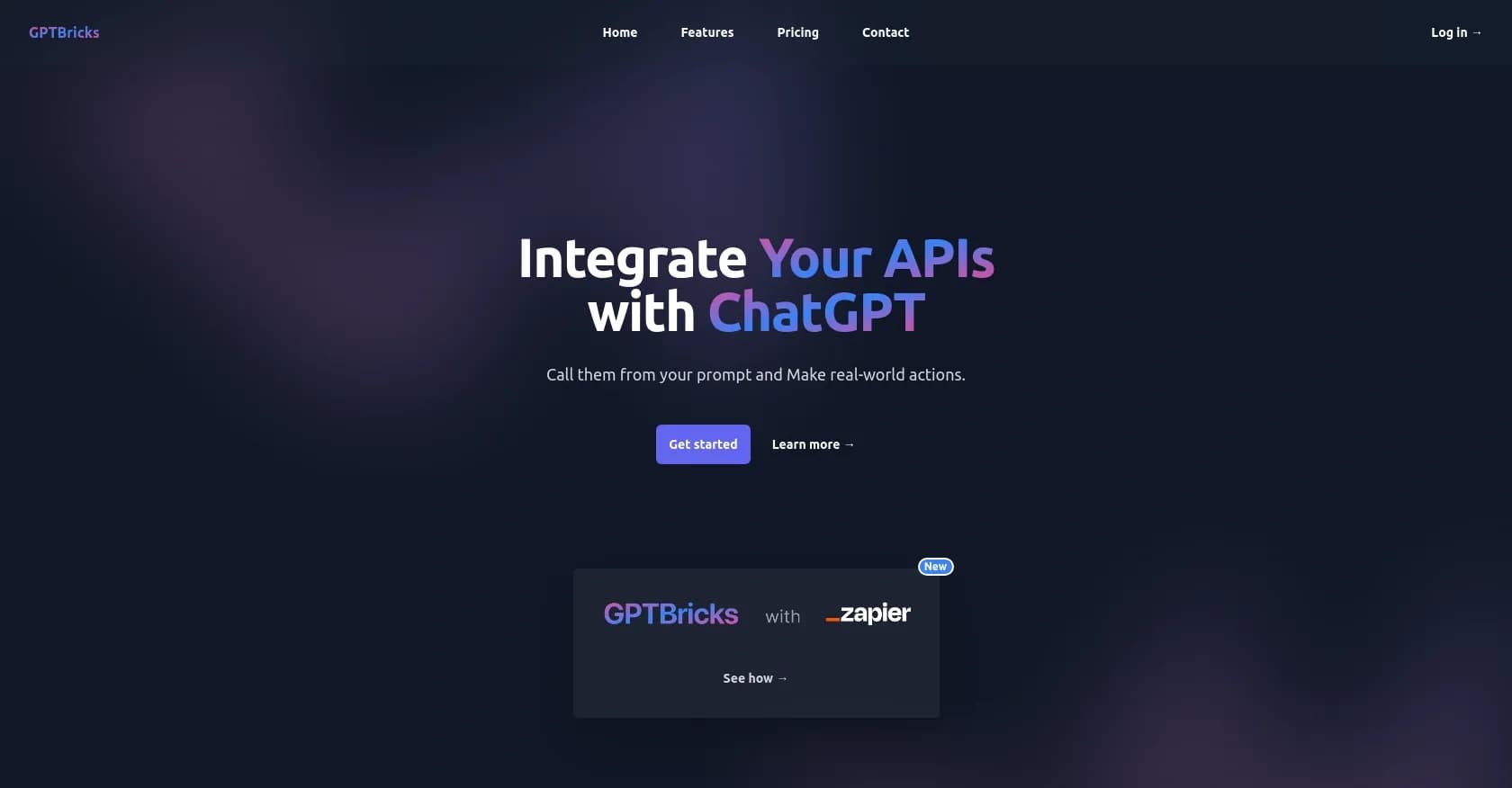 GPTBricks homepage screenshot — Call APIs from ChatGPT to perform real-world actions.