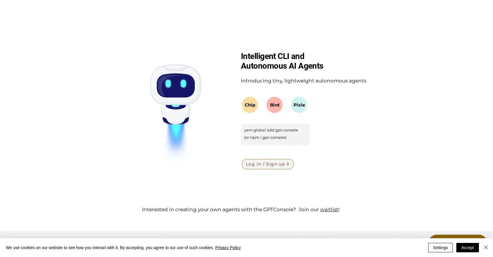 GPTConsole homepage screenshot — Intelligent CLI and Autonomous AI Agents