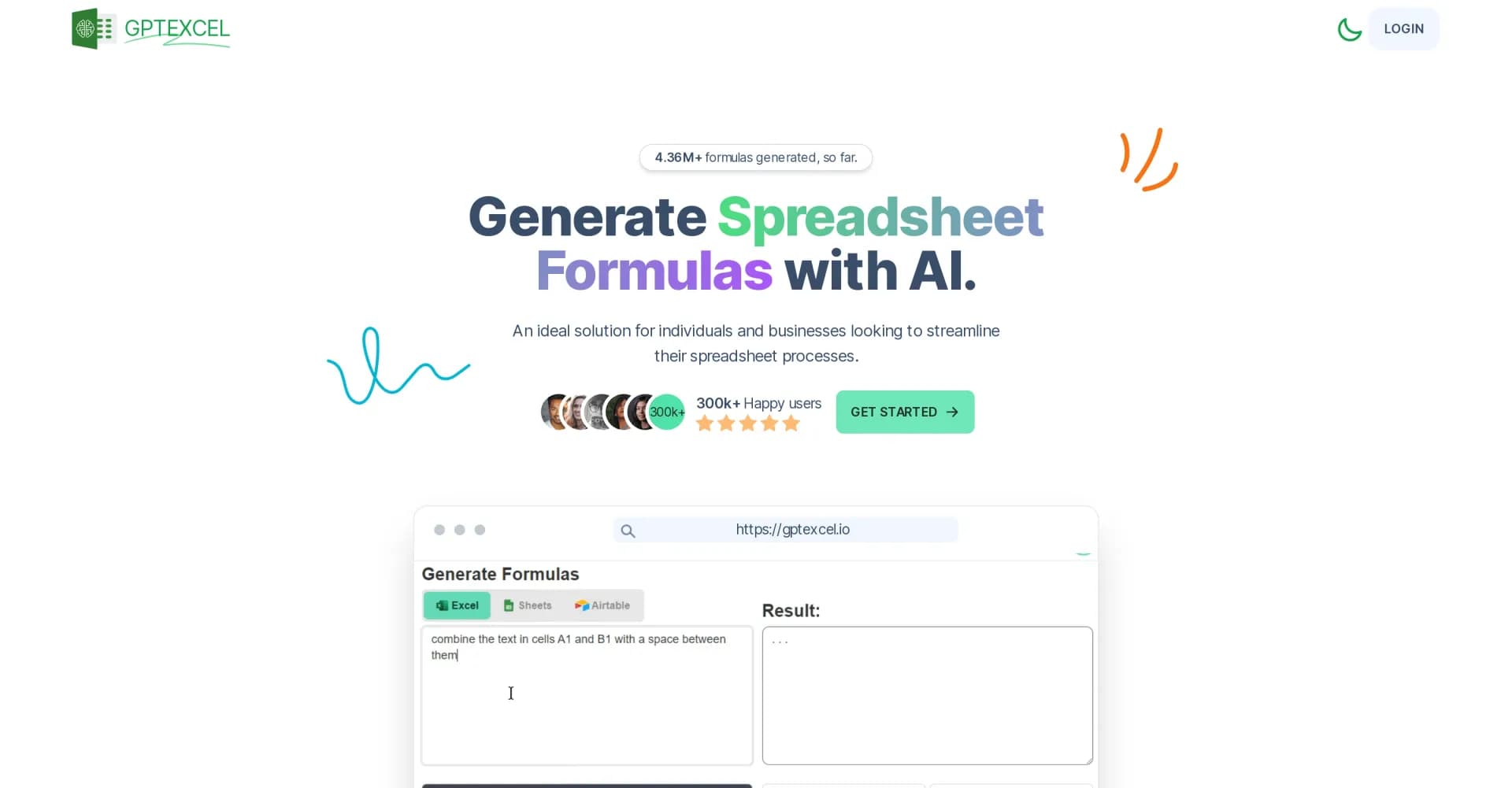 GPTExcel homepage screenshot — Generate spreadsheet formulas with AI