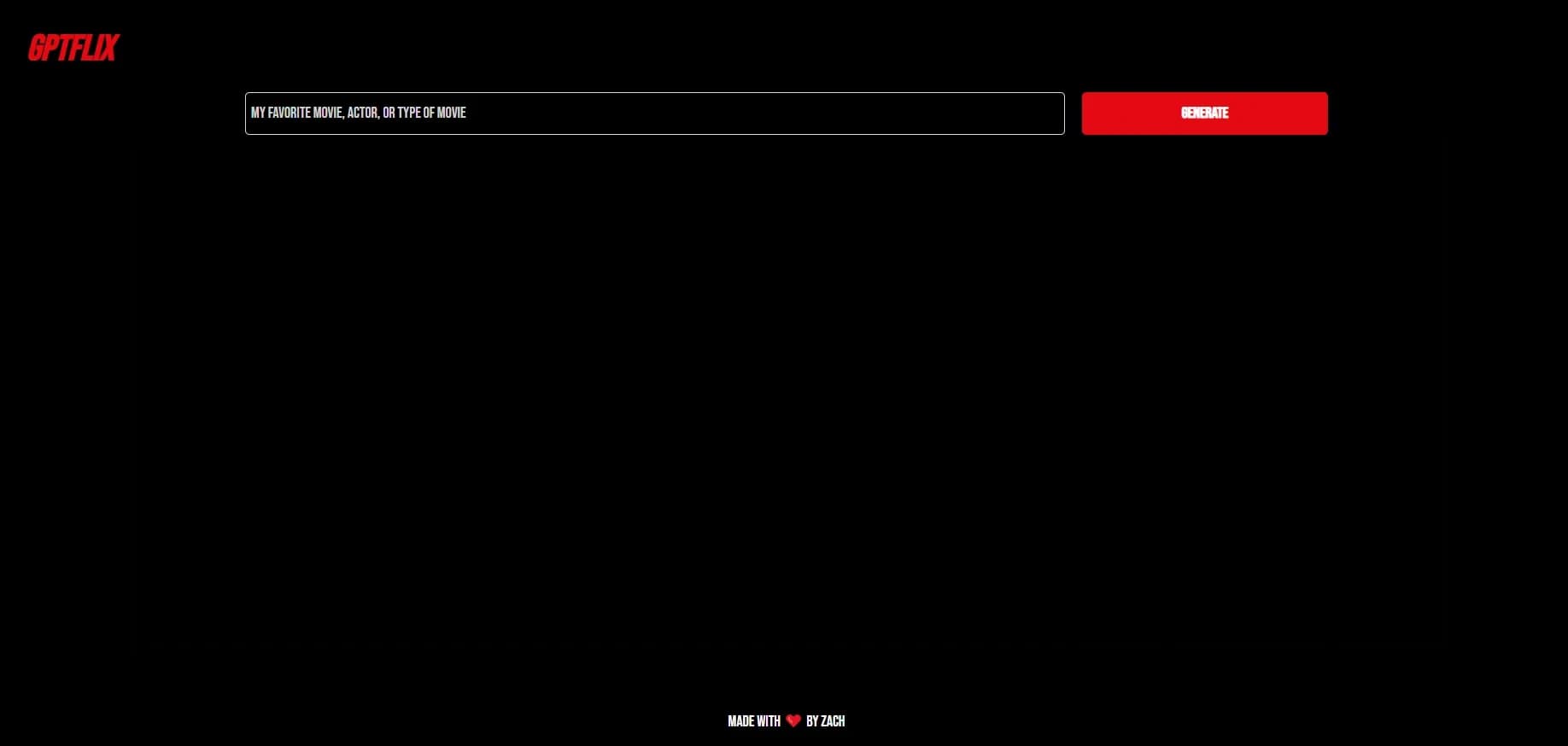 GPTflix homepage screenshot — AI-powered movie recommendations at your fingertips.