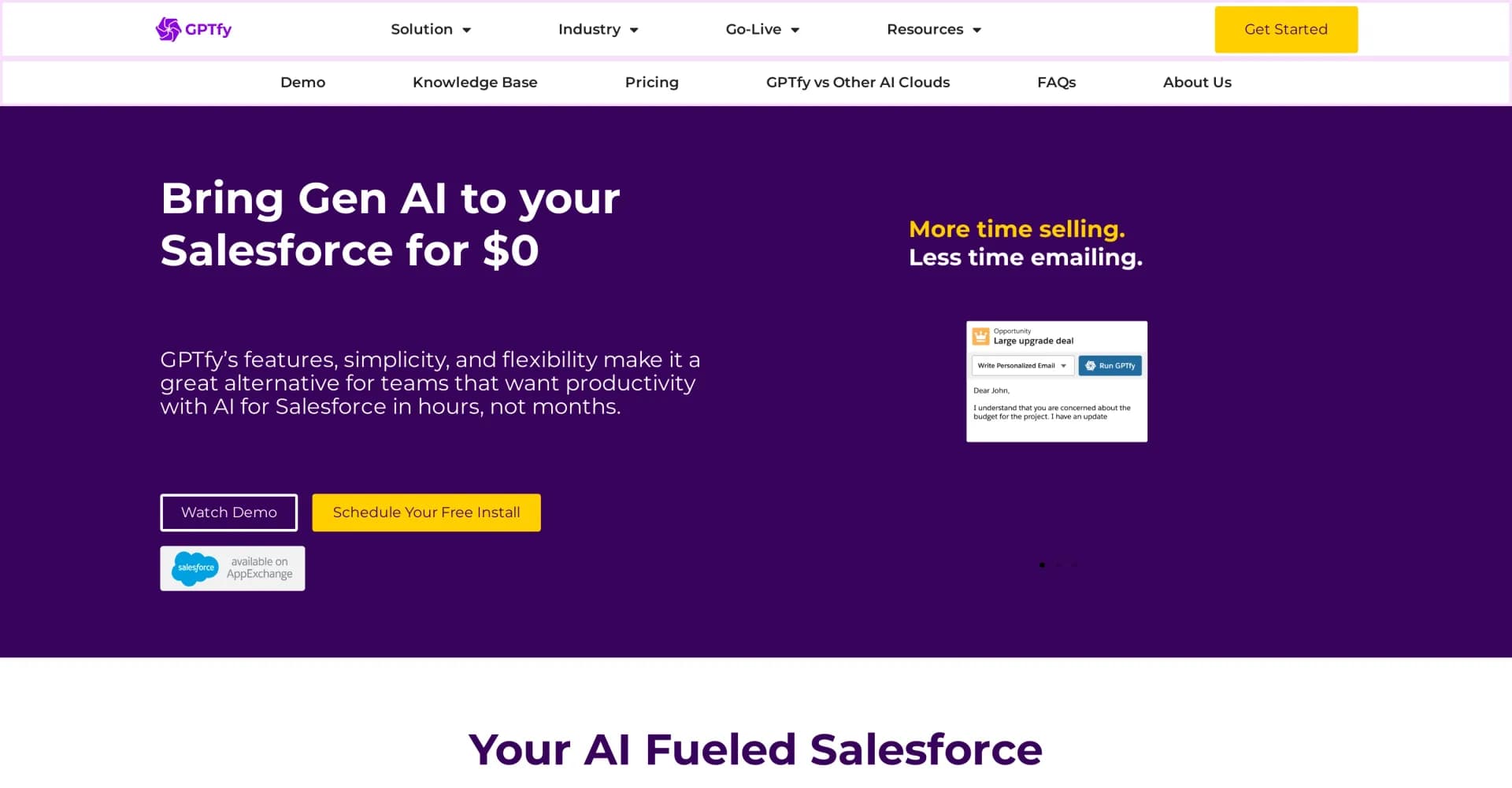 GPTfy homepage screenshot — Seamless GPT integration for Salesforce clouds.