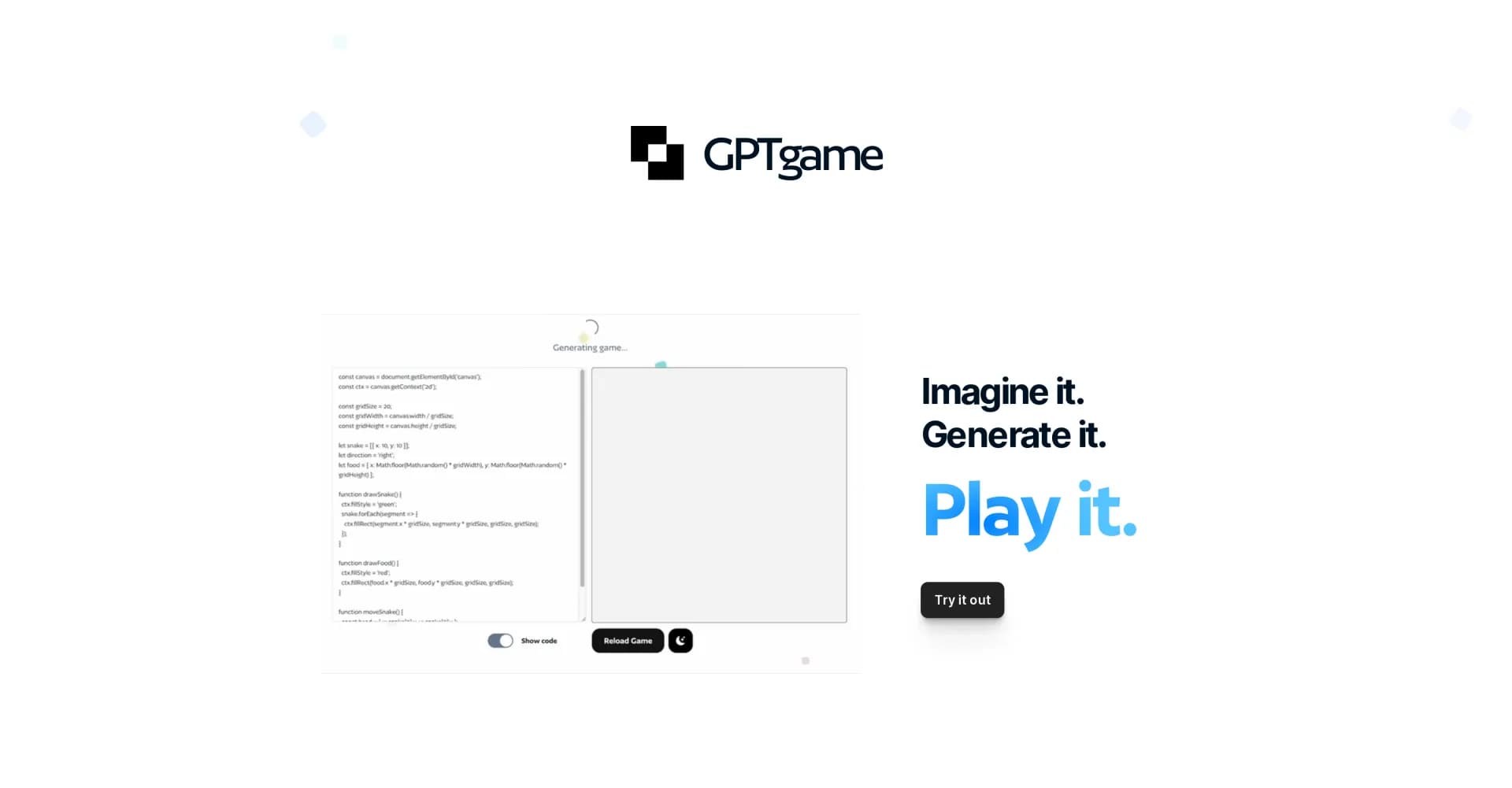 GPTGame homepage screenshot — Generate and play JavaScript games instantly.