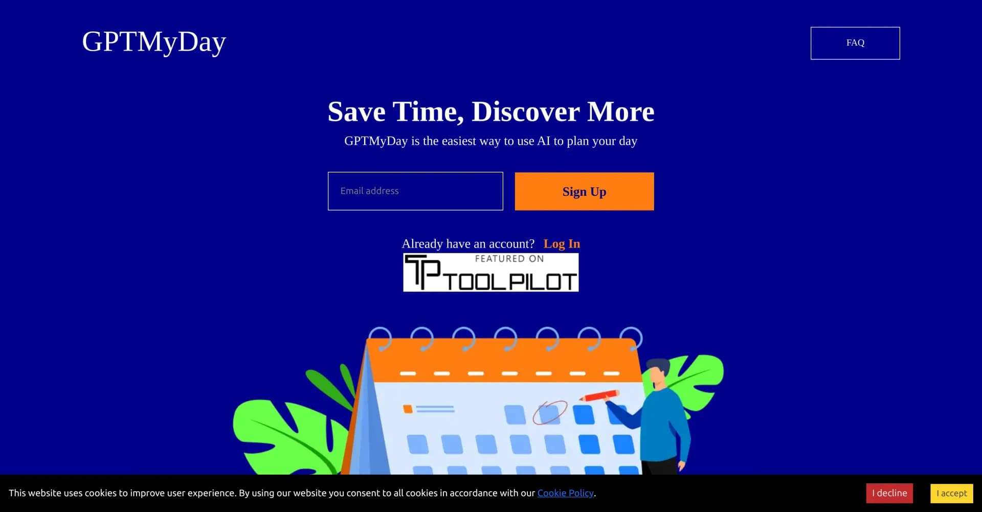 GPTMyDay homepage screenshot — AI-powered daily planning made easy.