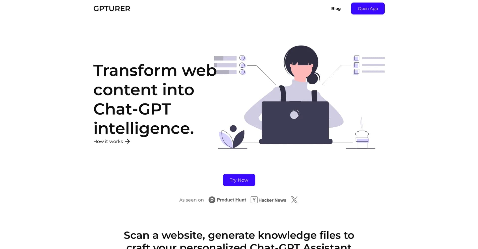 GPTURER homepage screenshot — Transform web content into ChatGPT intelligence.