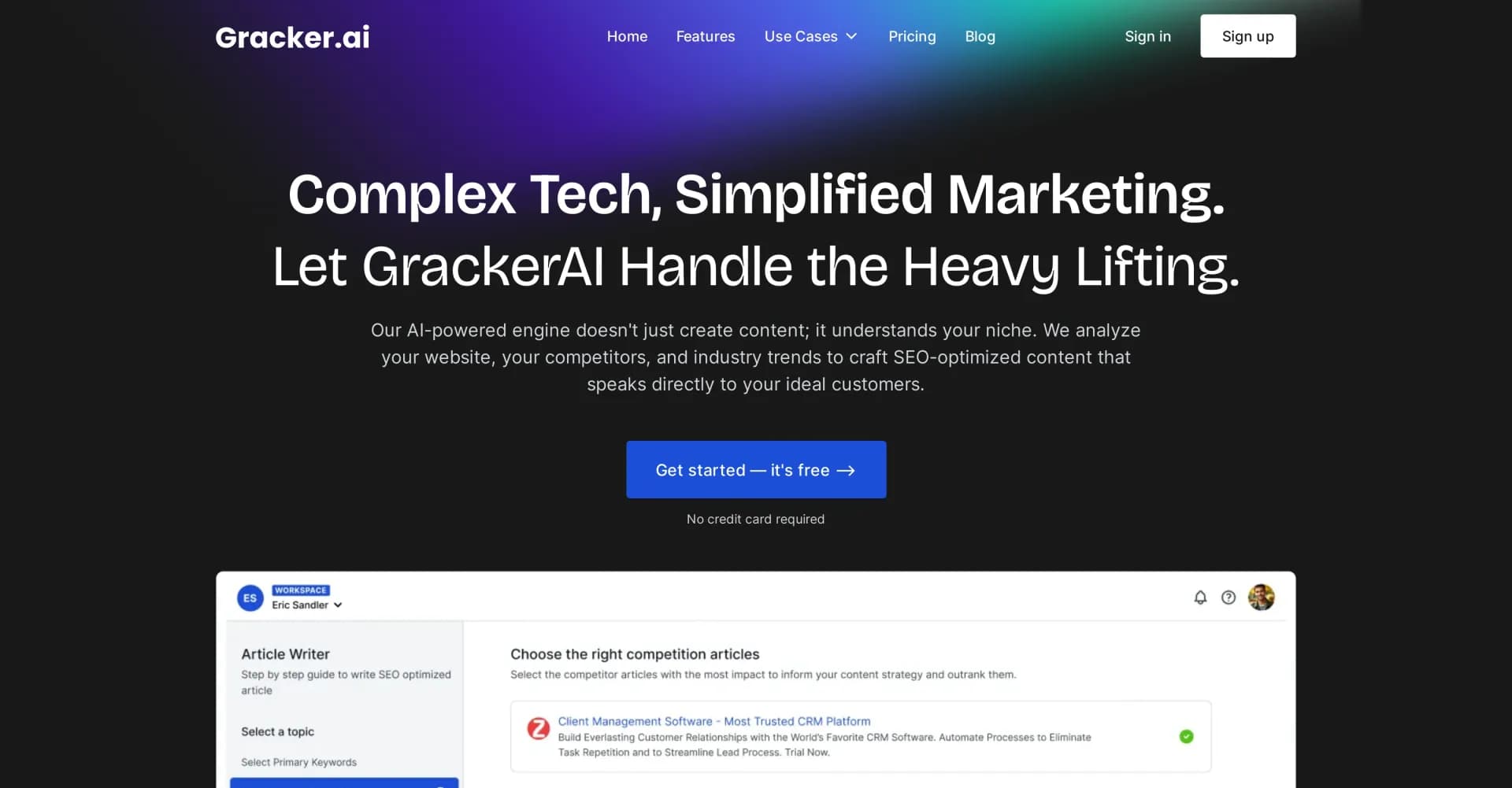 GrackerAI homepage screenshot — AI-powered content that speaks to your niche