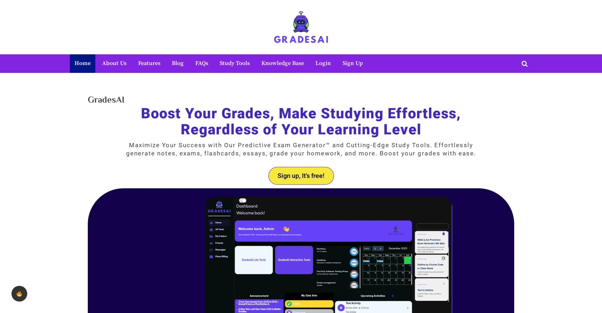 GradesAI homepage screenshot — Boost grades effortlessly with AI-powered study tools.