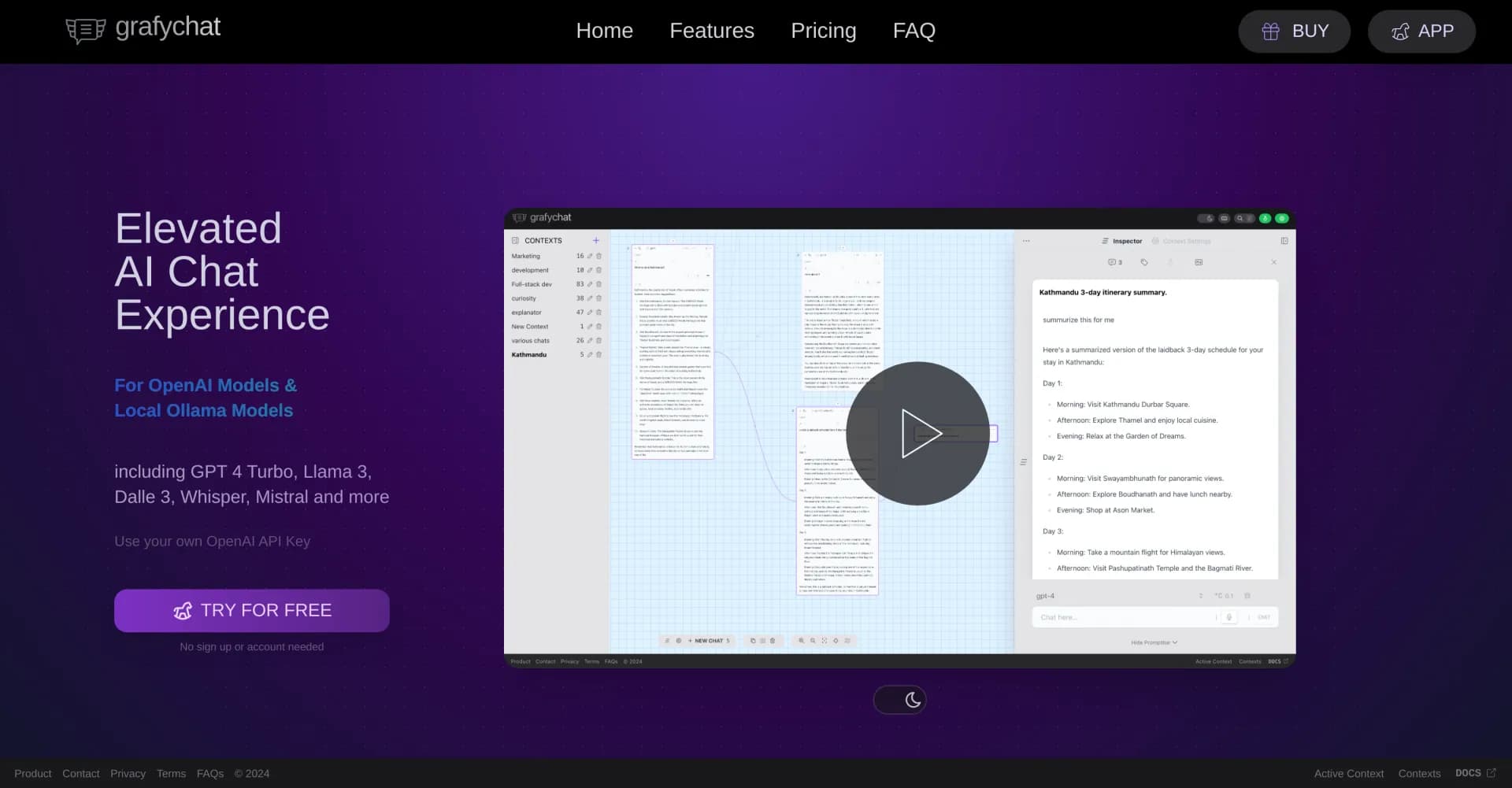 grafychat homepage screenshot — Visual notebook for AI conversations