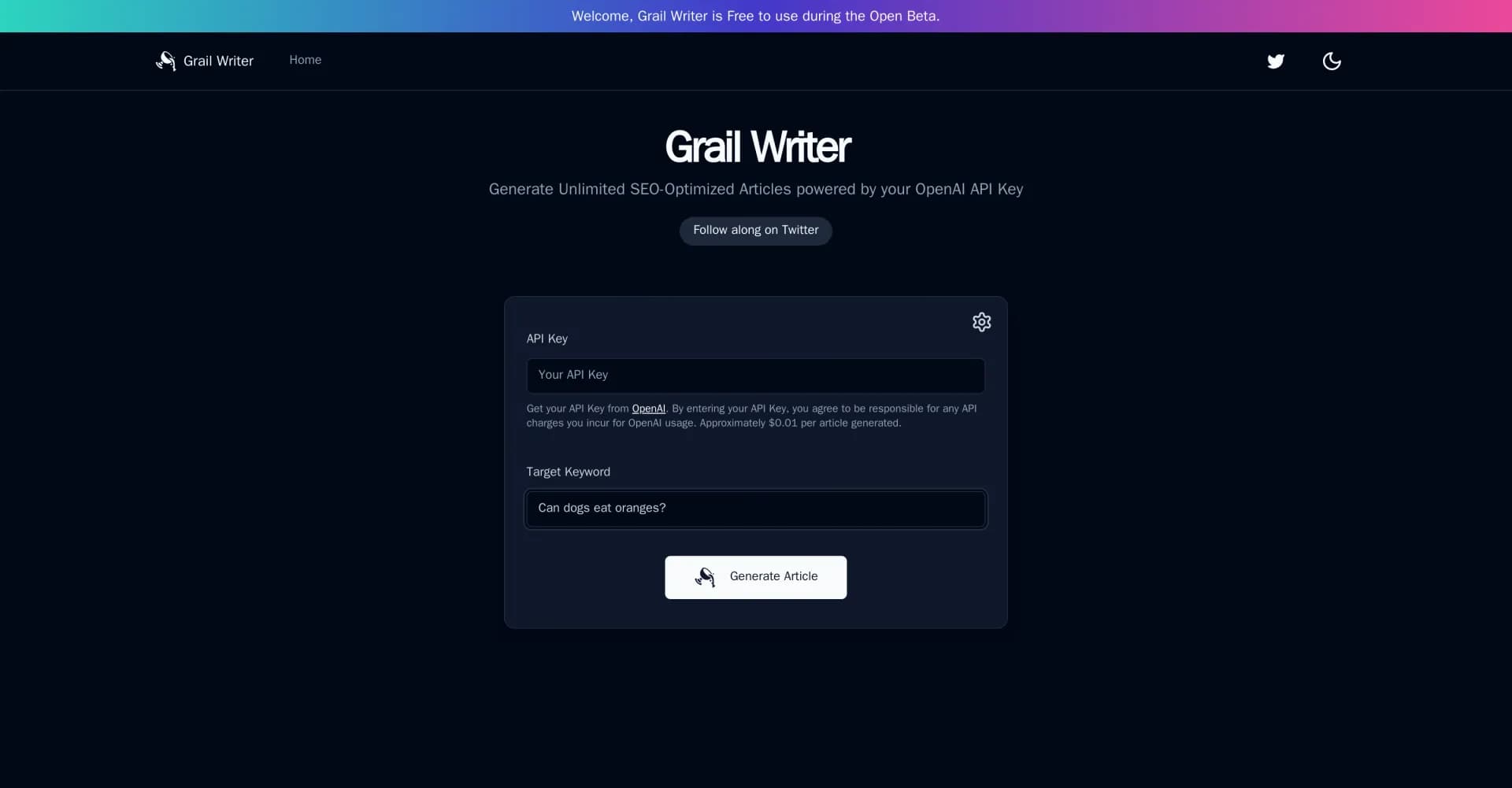 Grail Writer homepage screenshot — Generate SEO-optimized articles with one click.