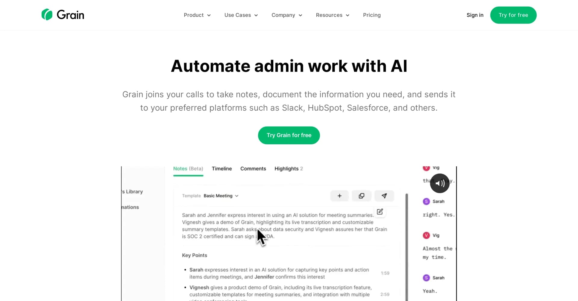 Grain AI homepage screenshot — AI takes notes, automates admin work from calls.