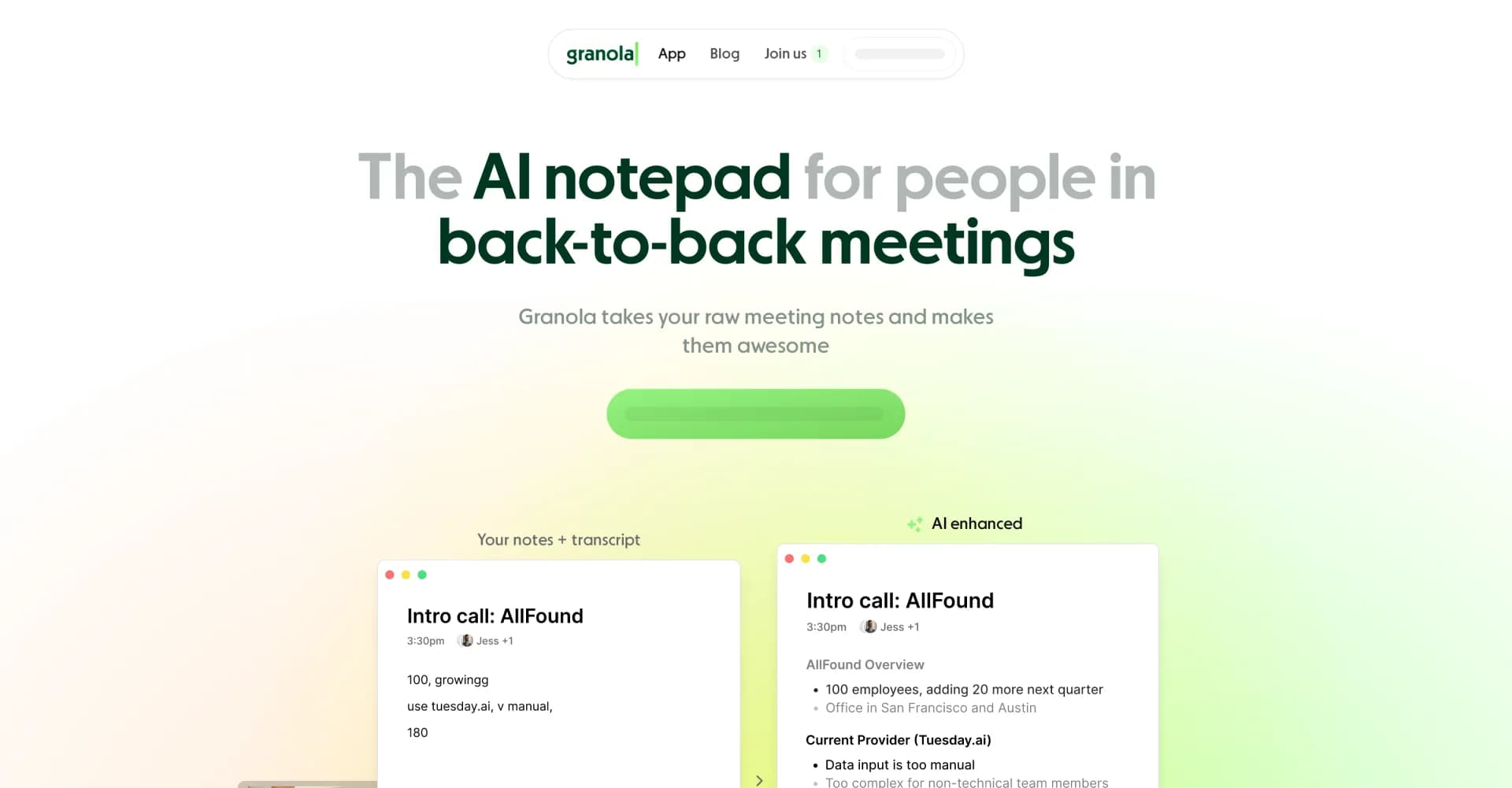 Granola homepage screenshot — Transform raw meeting notes into brilliance