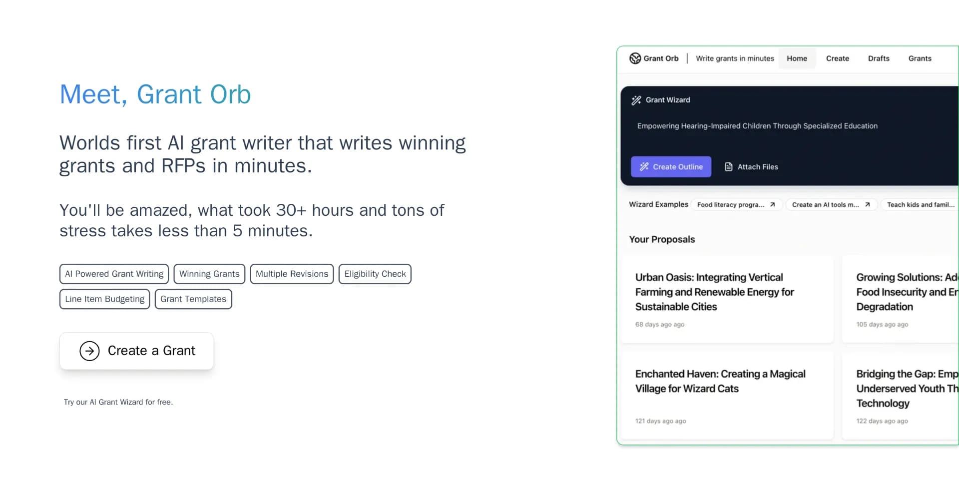 Grant Orb homepage screenshot — Write winning grant proposals in minutes with AI.