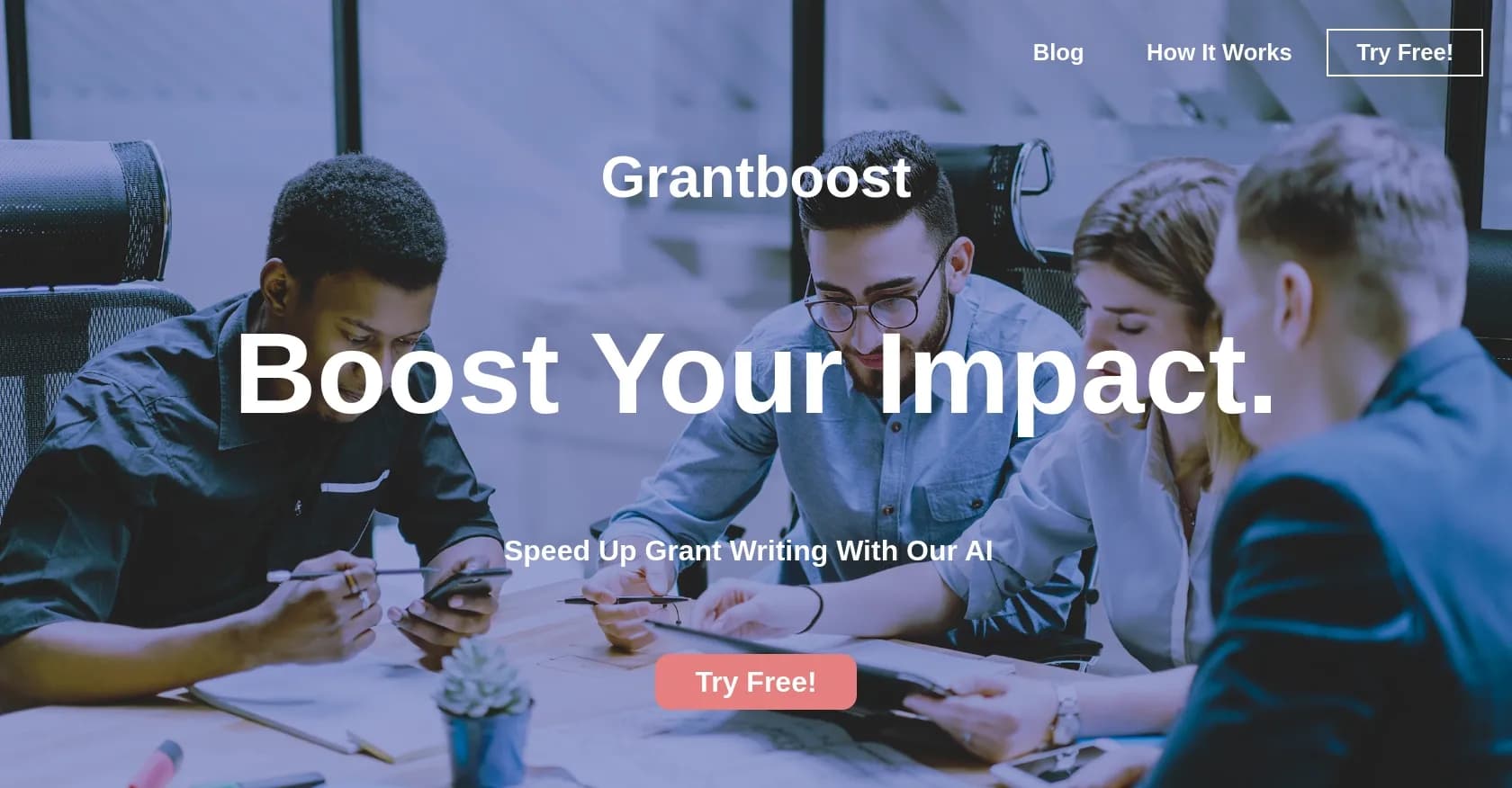 Grantboost homepage screenshot — AI-powered grant writing to boost nonprofit funding.