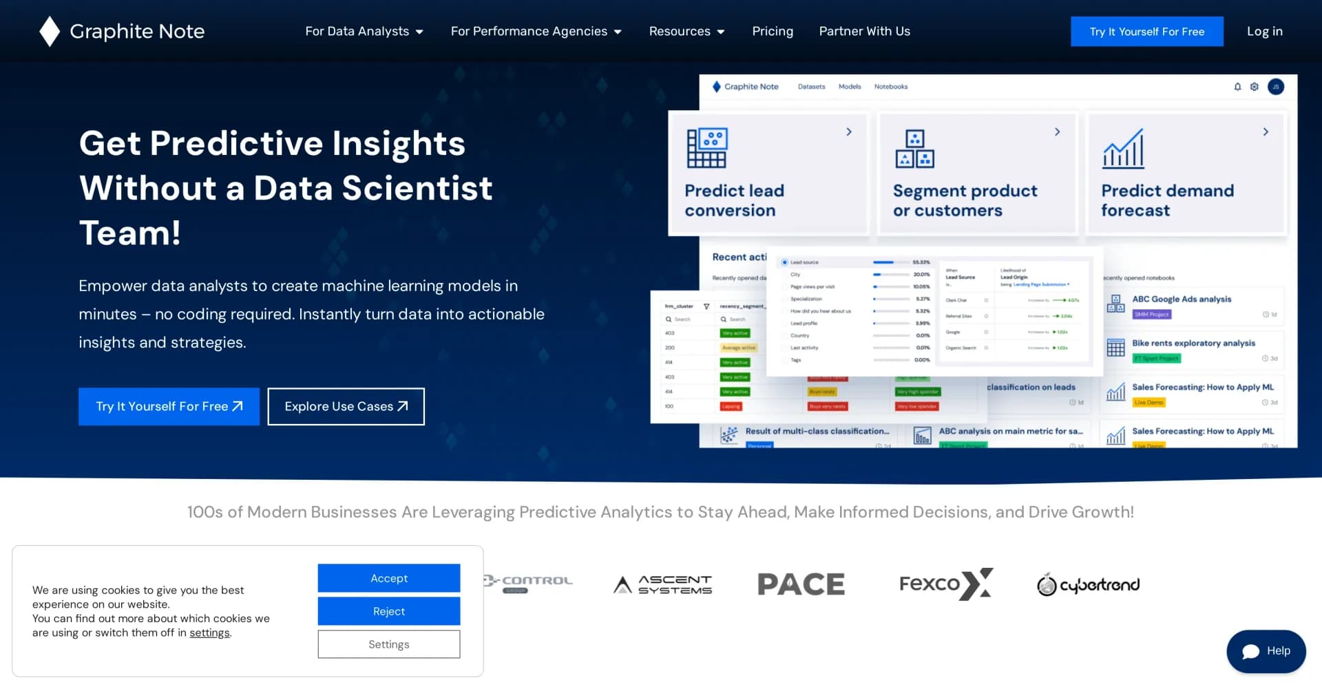 Graphite Note homepage screenshot — No-code AI for data analysts to create ML models instantly