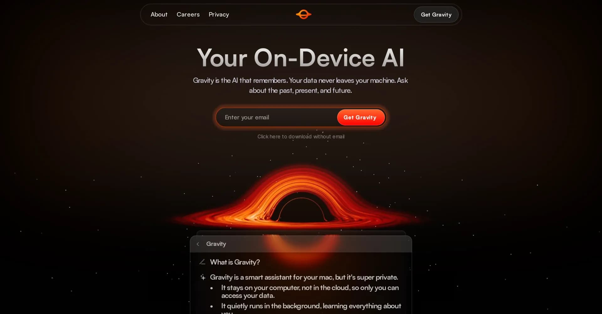 Gravity homepage screenshot — Your on-device AI that remembers