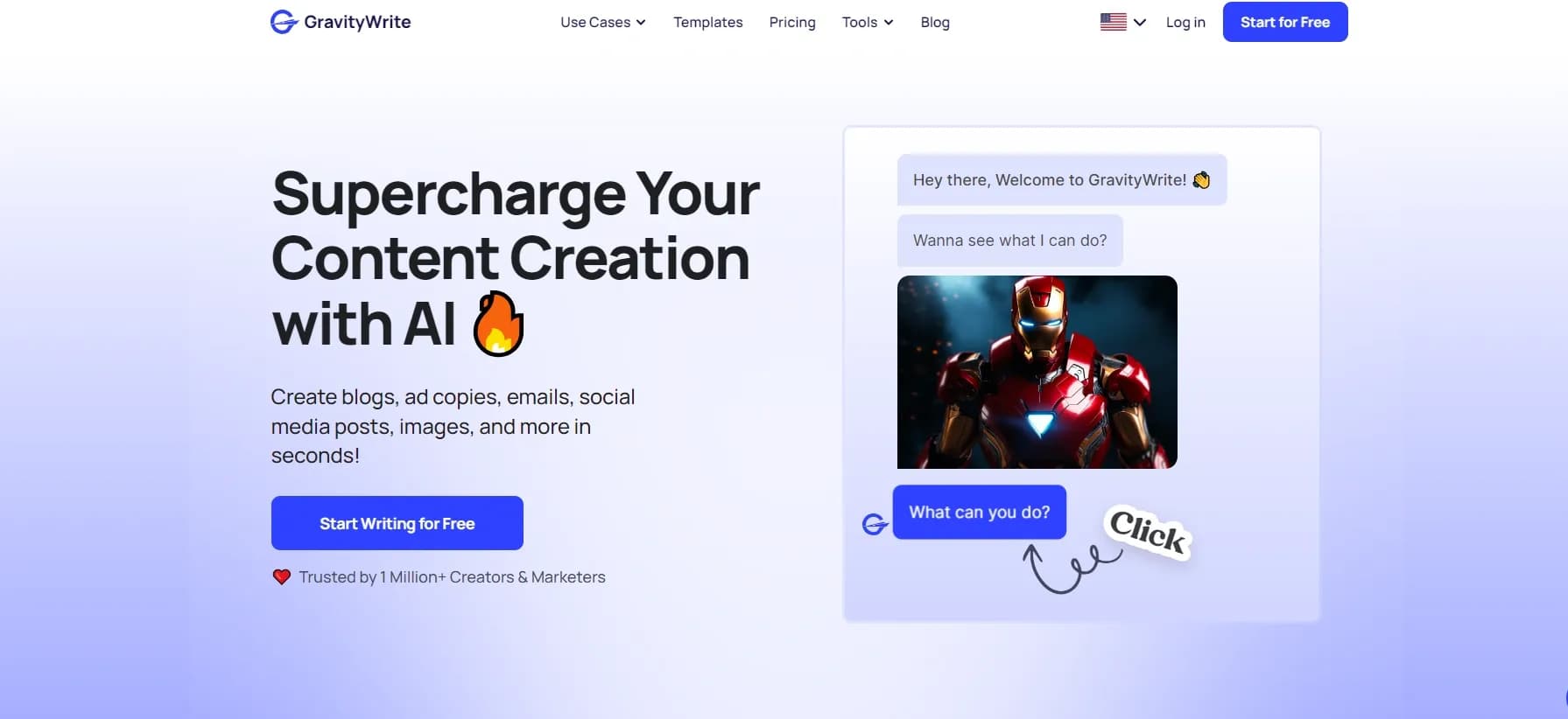 GravityWrite homepage screenshot — Supercharge content creation with AI.