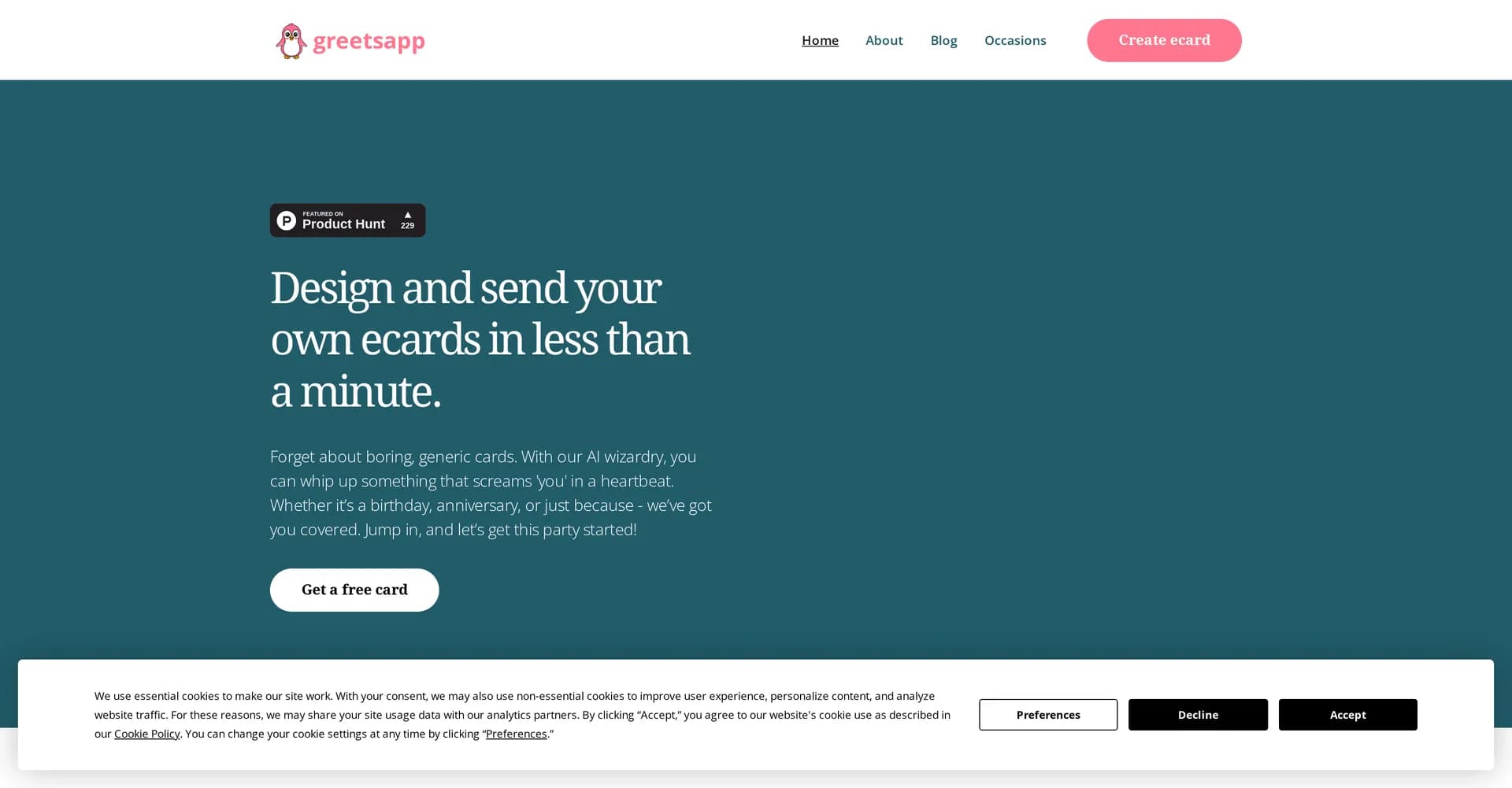 GreetsApp homepage screenshot — AI-powered eCards in minutes