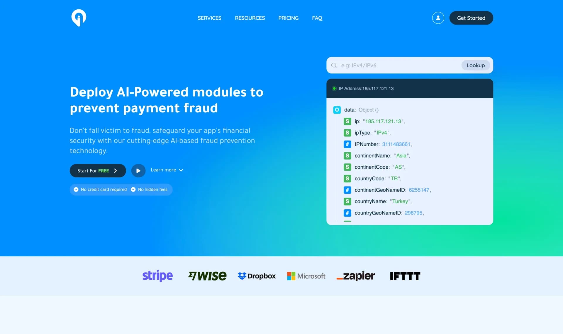Greip homepage screenshot — Fraud prevention for financial security.