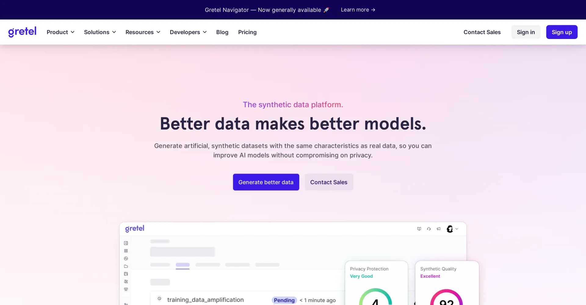 Gretel homepage screenshot — Create custom AI models and synthetic data on-demand