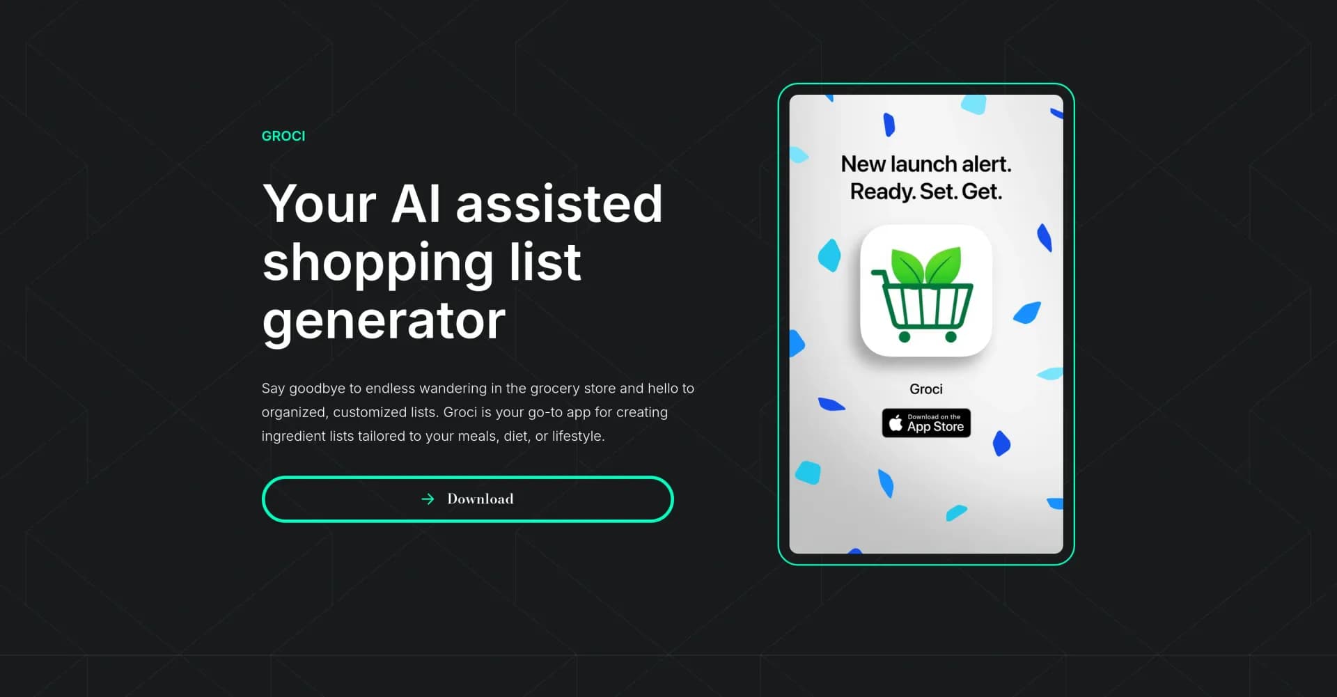 Groci homepage screenshot — AI-assisted shopping list generator for tailored grocery tri