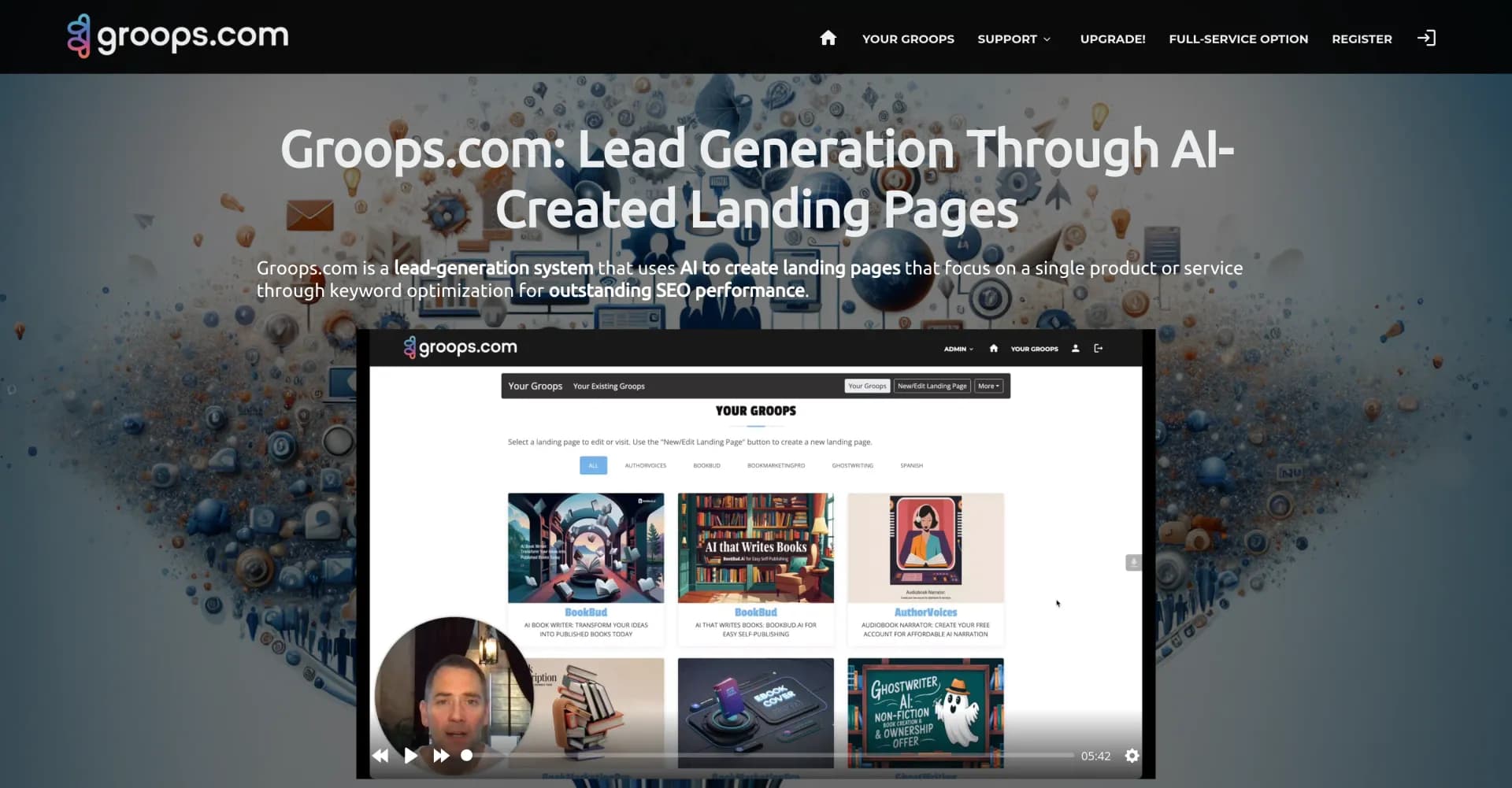 Groops.com homepage screenshot — AI-powered landing pages for supercharged lead generation